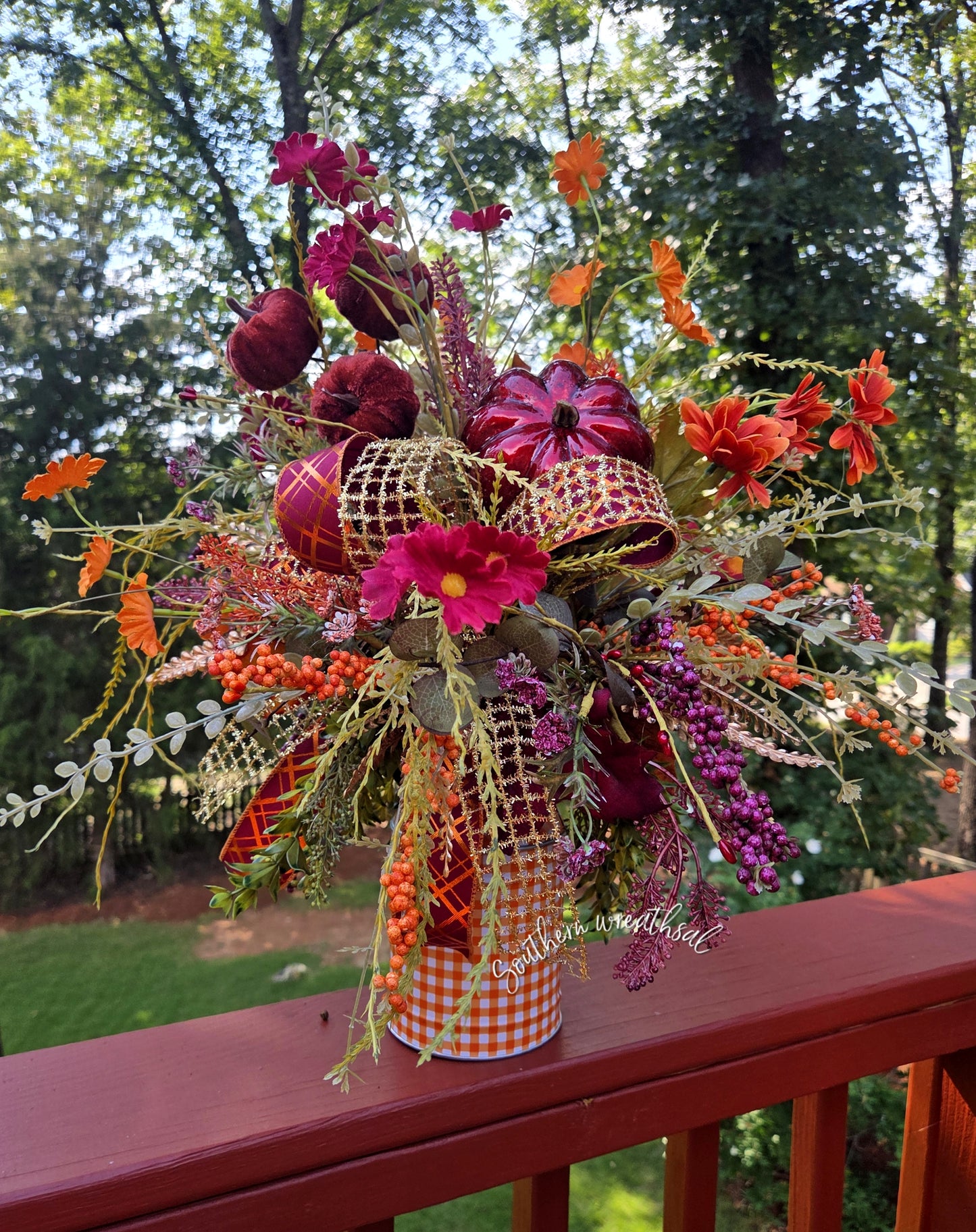 Fall Orange & Burgundy Pumpkin Floral Arrangement