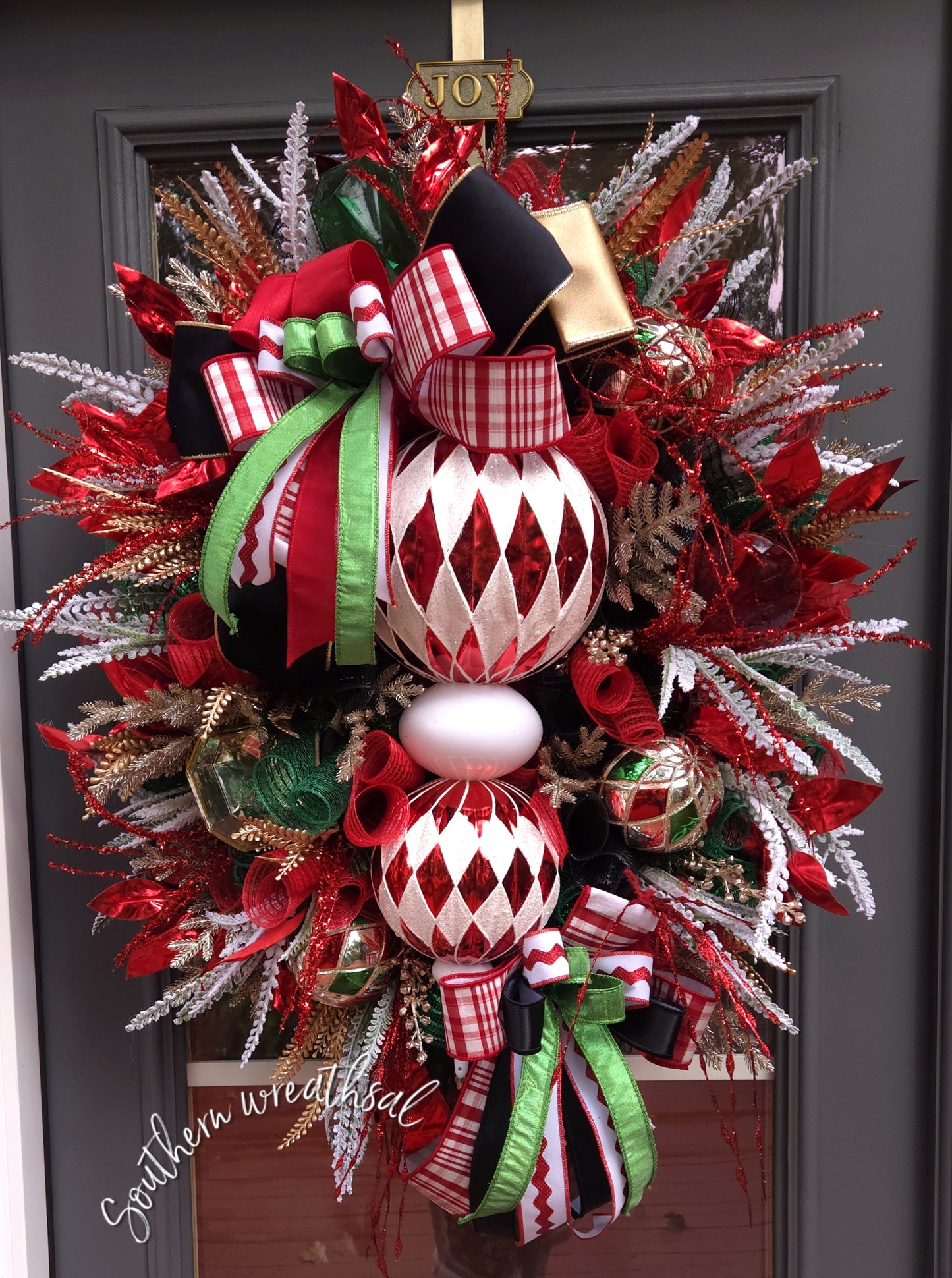 Elegant Red, White and Black Christmas Finial Door Wreath