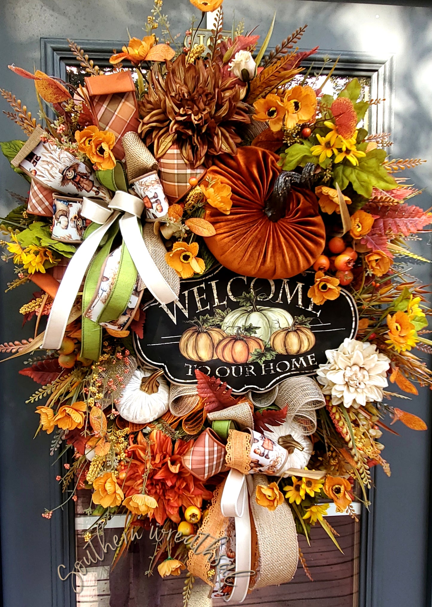 Welcome to Our Home Deluxe Fall Pumpkin Patch Wreath with Velvet Pumpkins, Dahlias, Gold Poppies