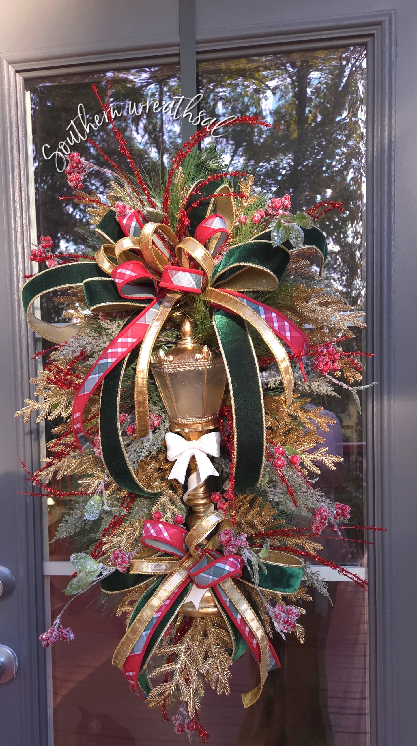 Elegant Christmas Gold, Red & Green Light Post Door Wreath