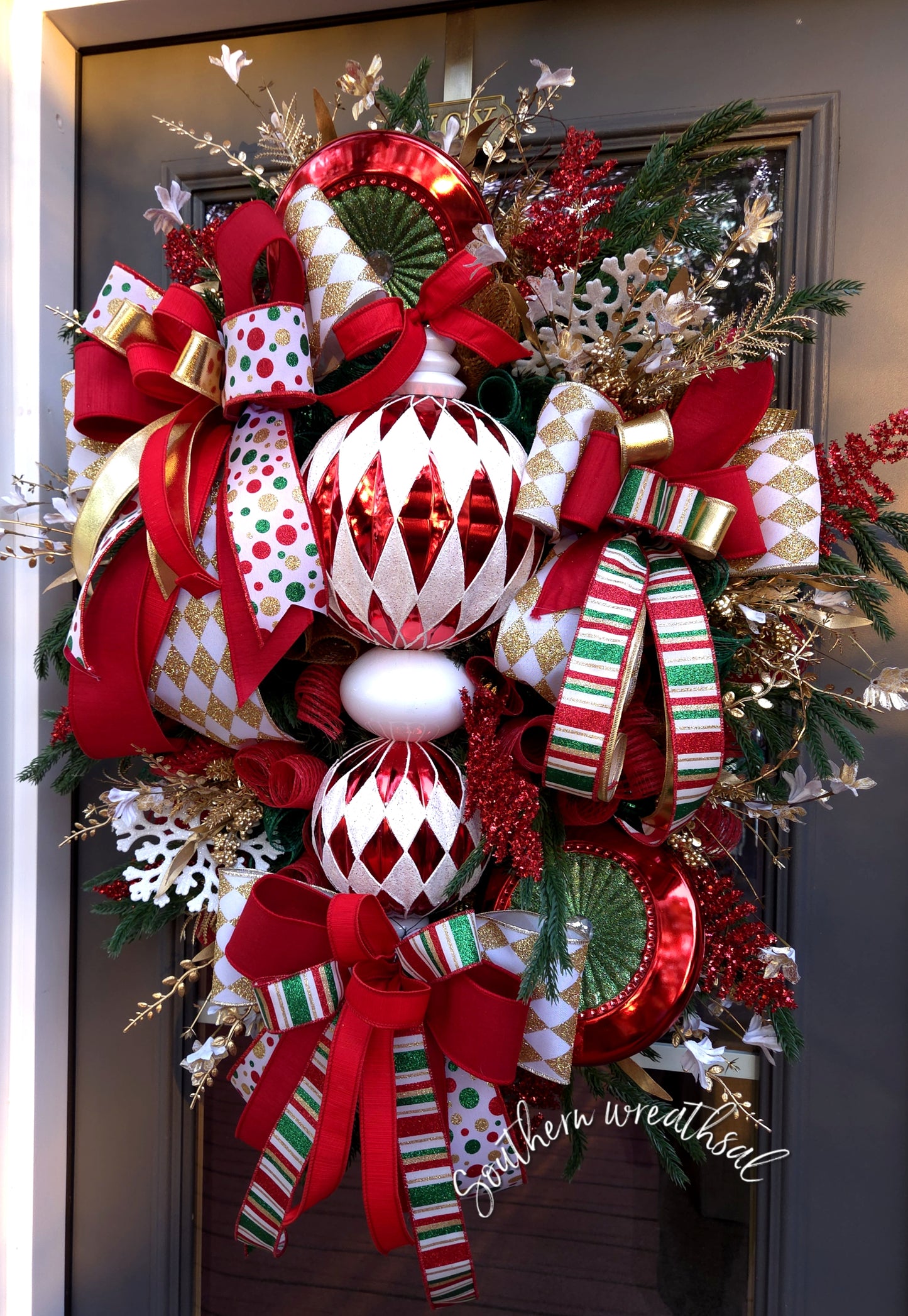 Red & White Harlequin Christmas Finial Front Door Wreath