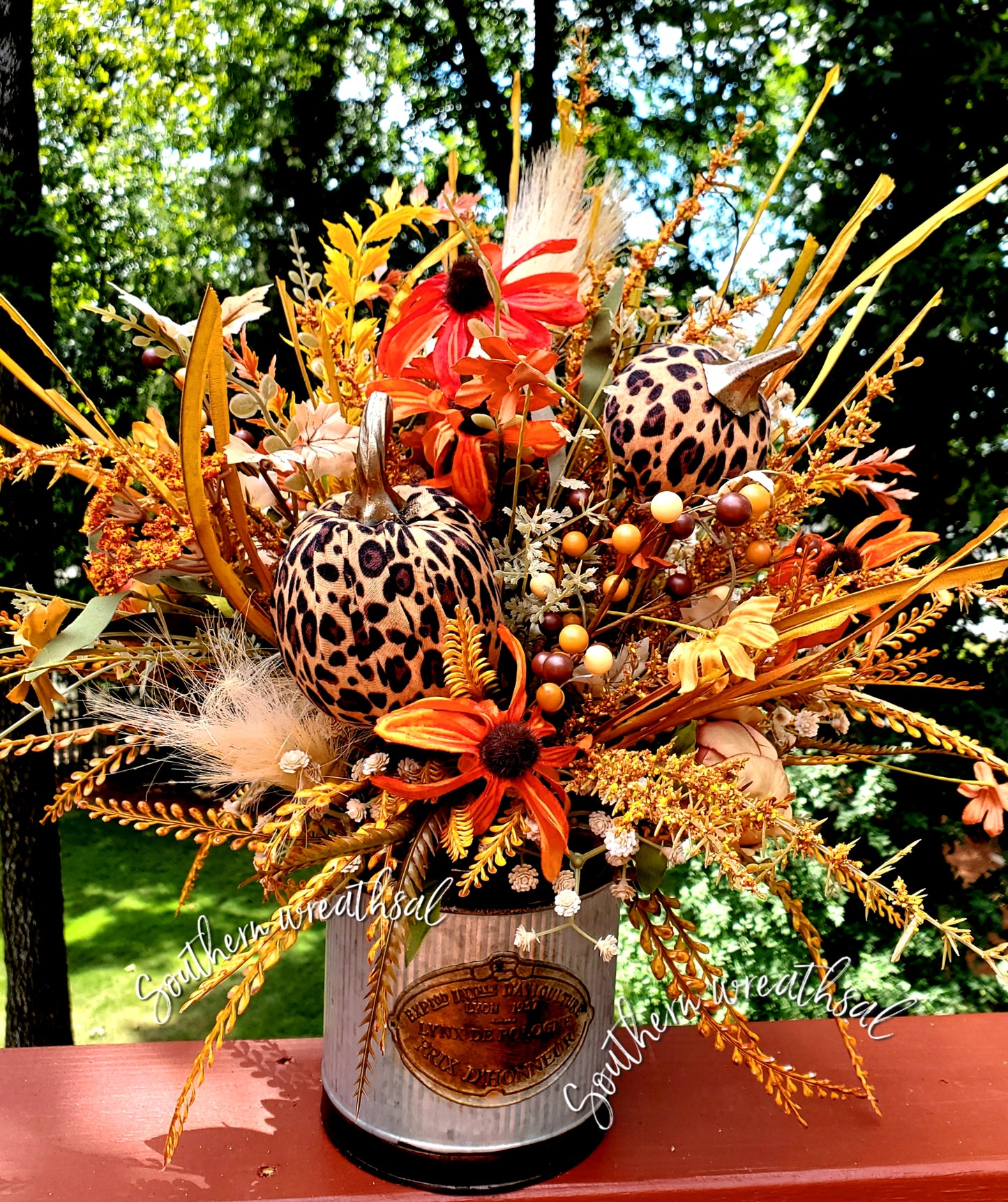 Fall Cheetah Pumpkin Centerpiece | Peonies & Orange Blackeyed Susan Flowers