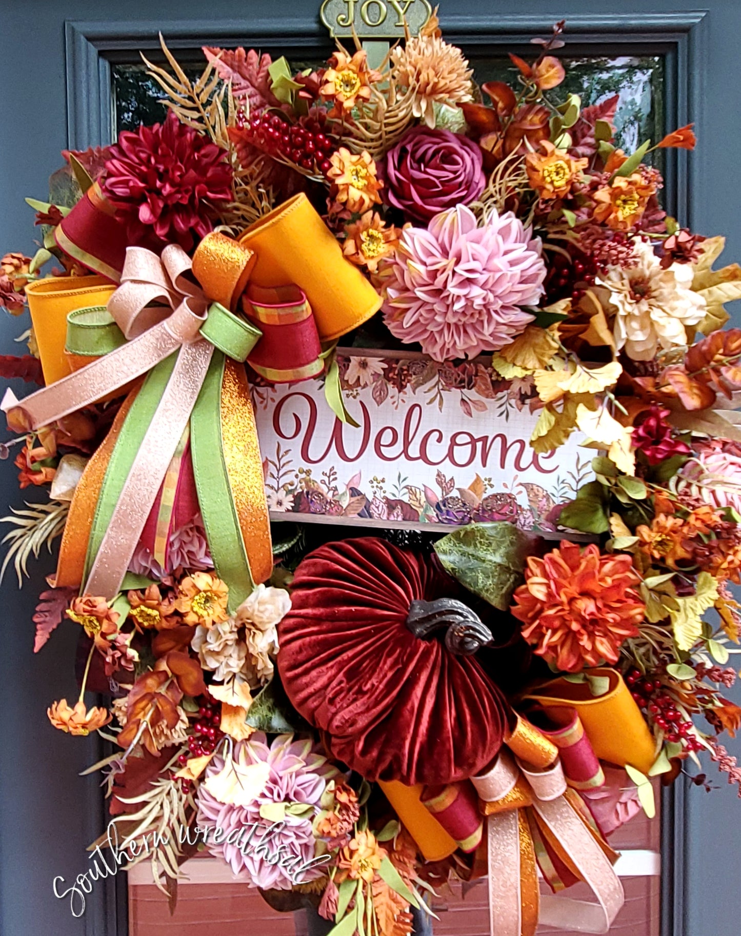 Autumn’s Velvet Welcome – Deluxe Burgundy & Orange Fall Floral Door Wreath