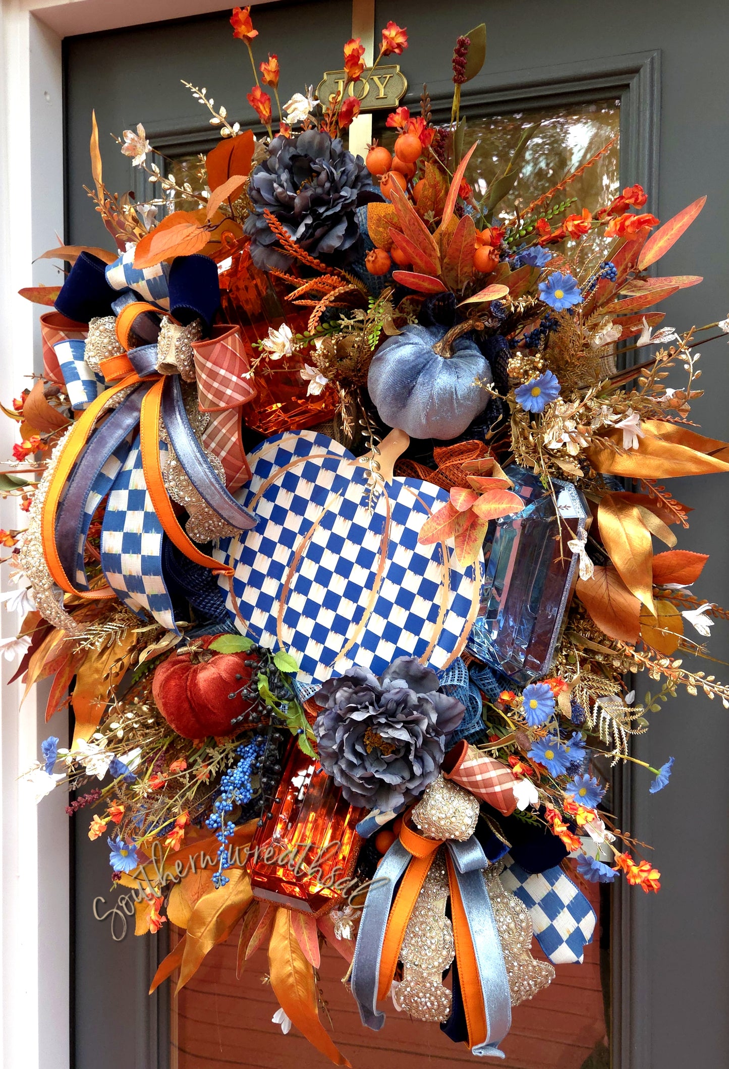 Deluxe Elegant Orange and NavyPumpkin & Jewel Fall Wreath