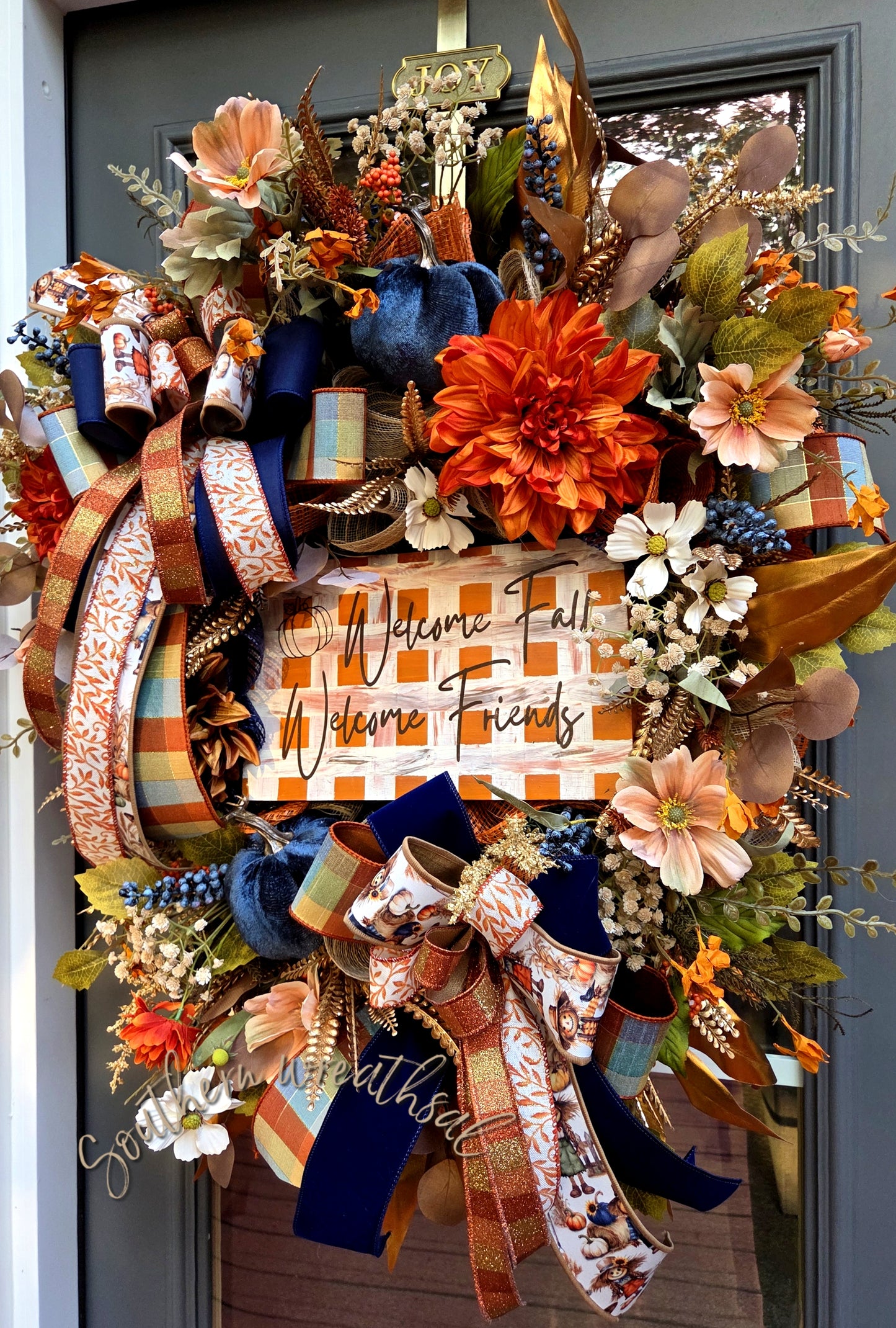 Orange & Navy Fall Friends Welcome Door Wreath