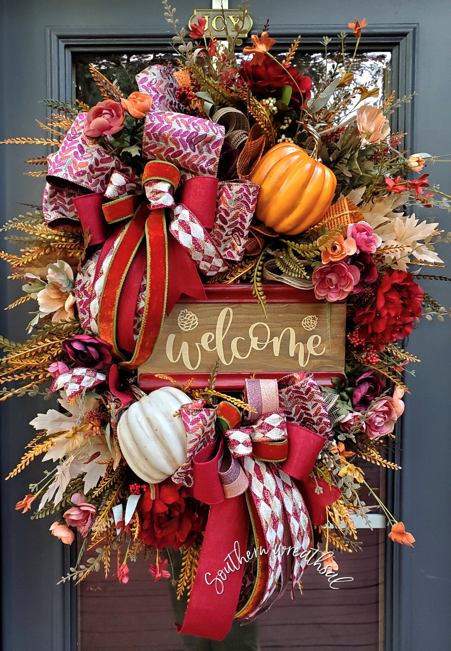 Burgundy Peony & Pumpkin Fall Door Wreath | Thanksgiving Welcome Wreath