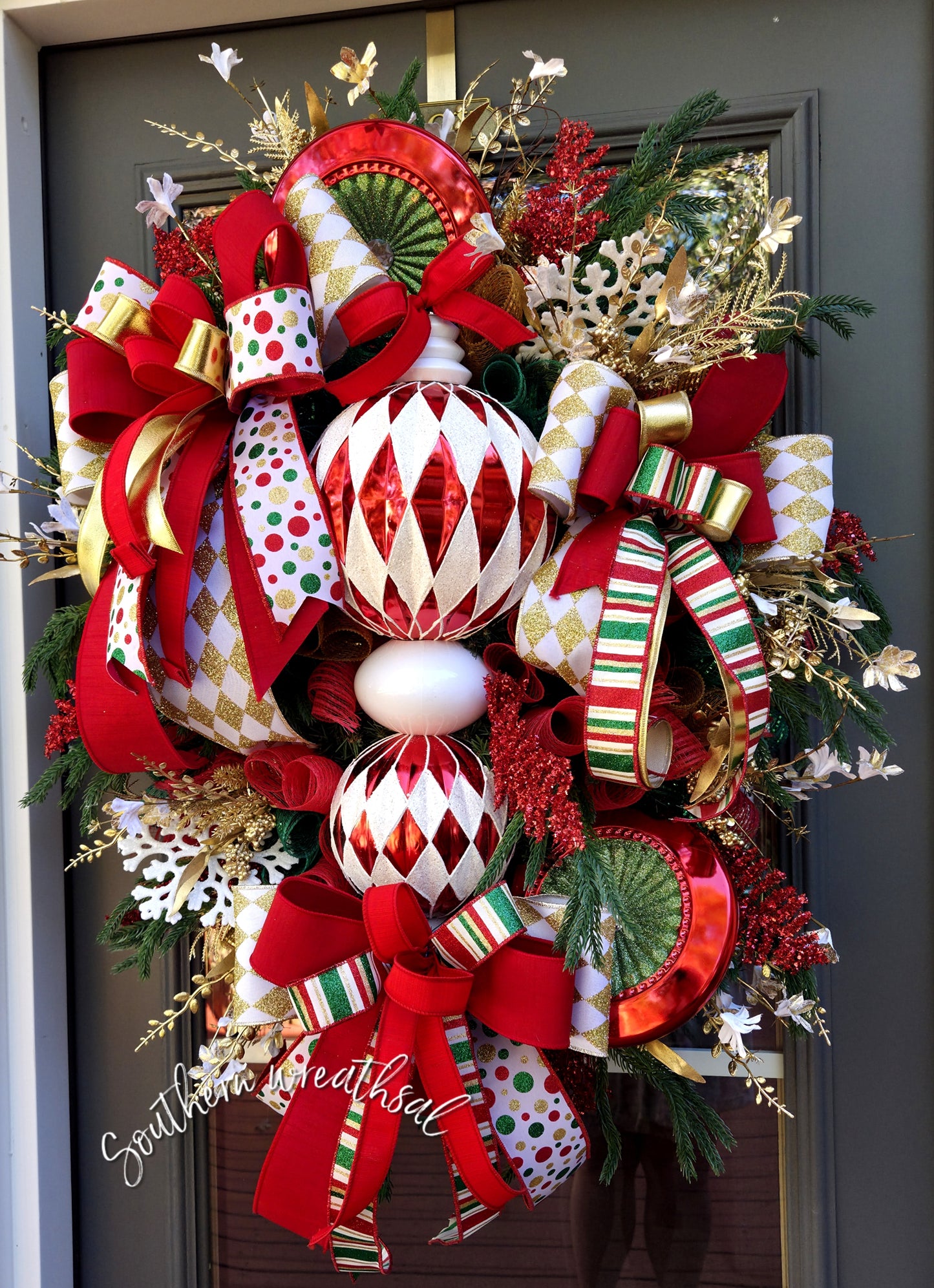 Red & White Harlequin Christmas Finial Front Door Wreath