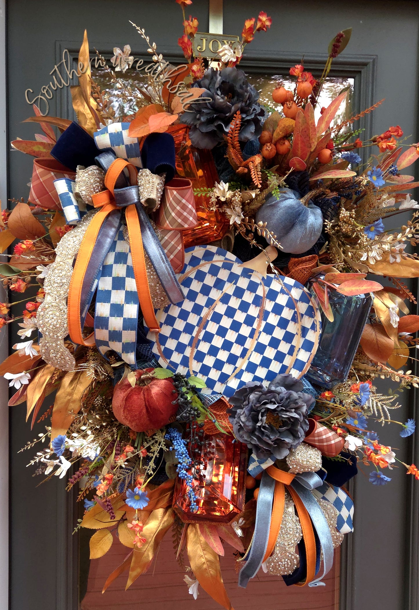 Deluxe Elegant Orange and NavyPumpkin & Jewel Fall Wreath