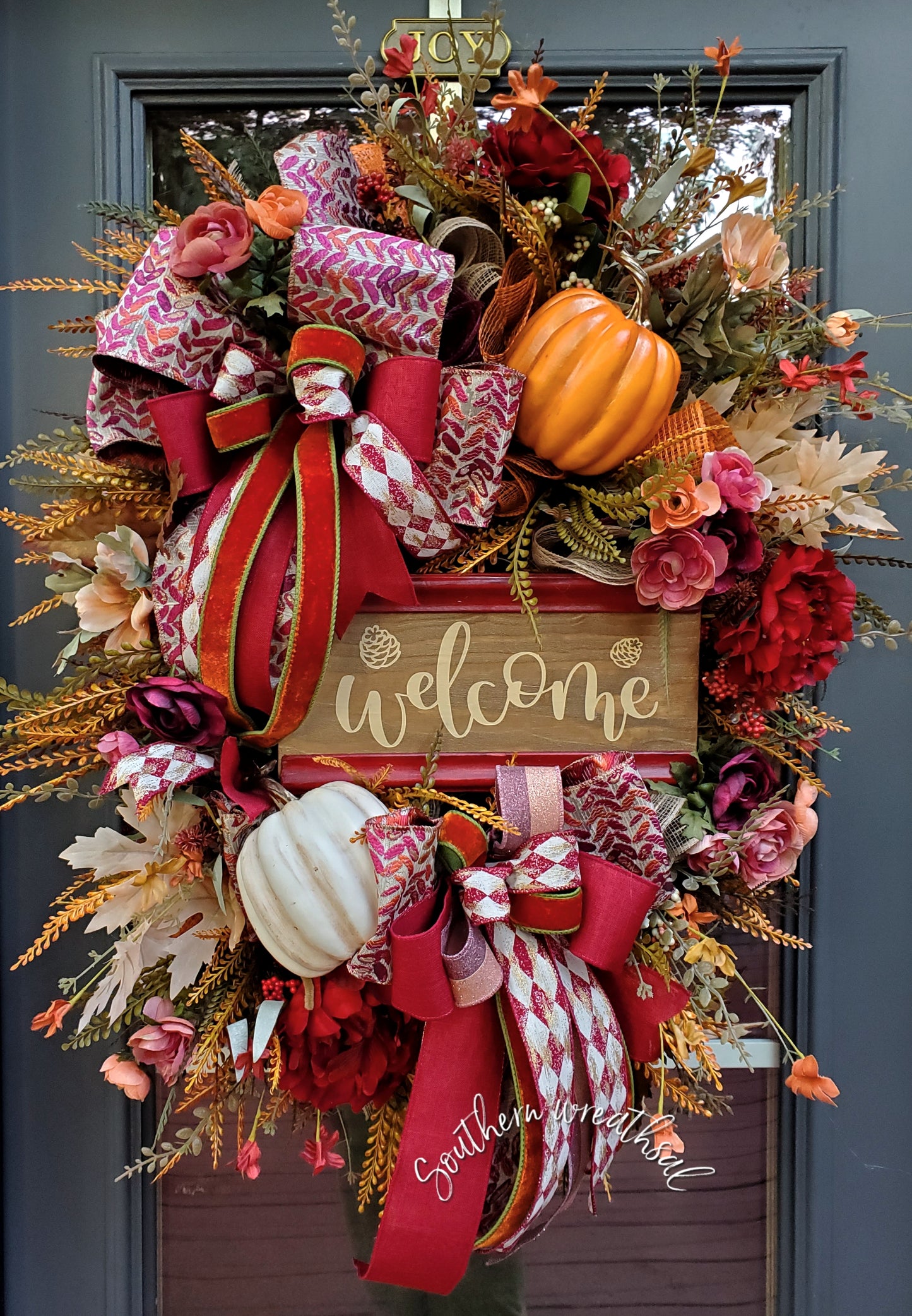 Burgundy Peony & Pumpkin Fall Door Wreath | Thanksgiving Welcome Wreath