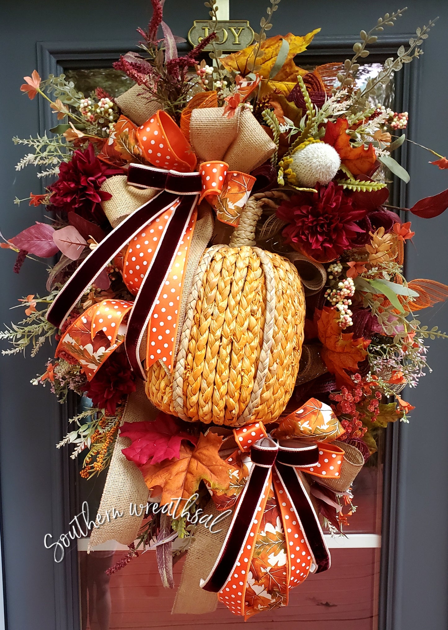 Fall Cornhusk Orange Pumpkin Fall Door Wreath | Thanksgiving Door Wreath