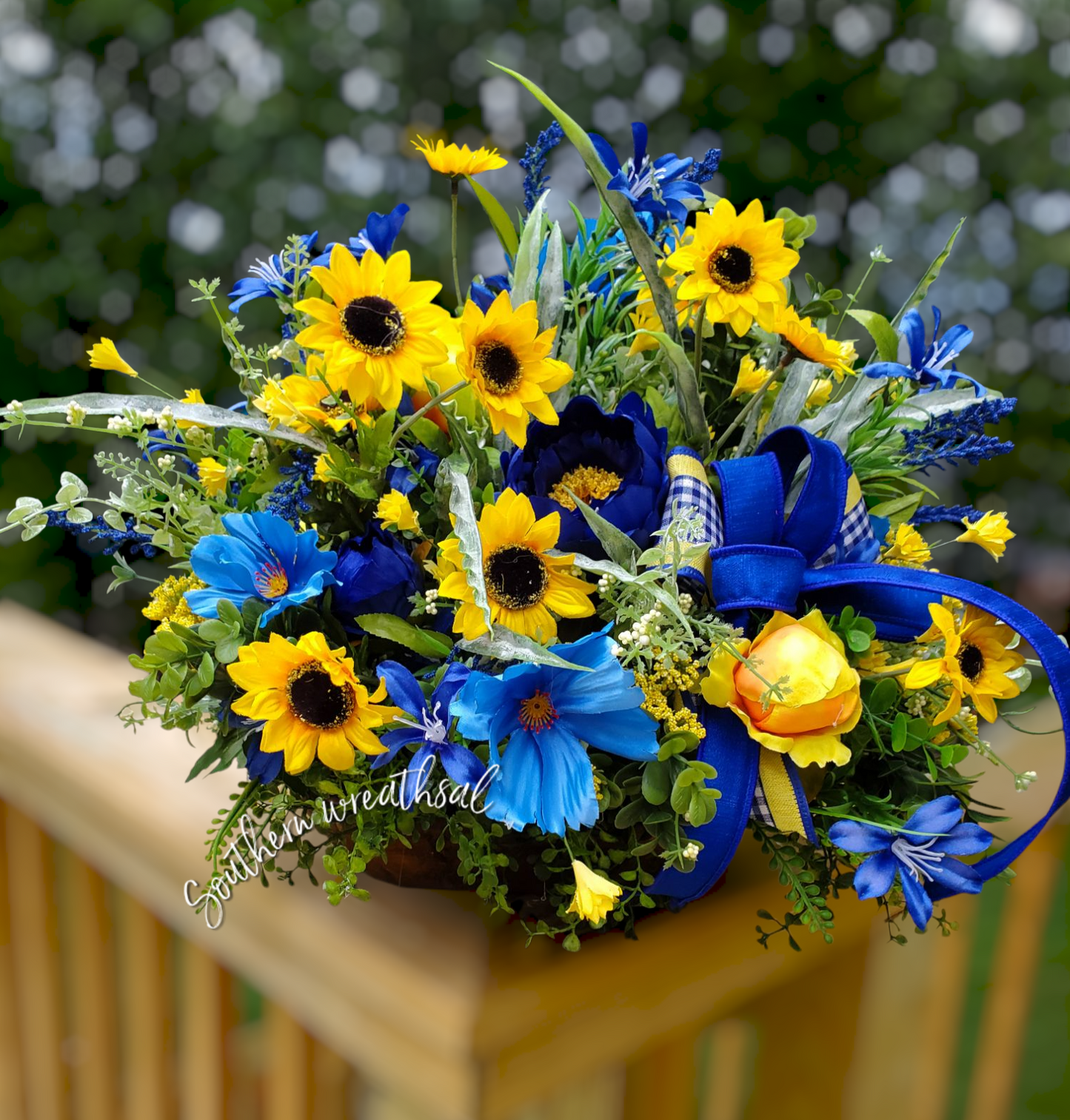 Summer Peony Blue and Yellow Dough Bowl Arrangement