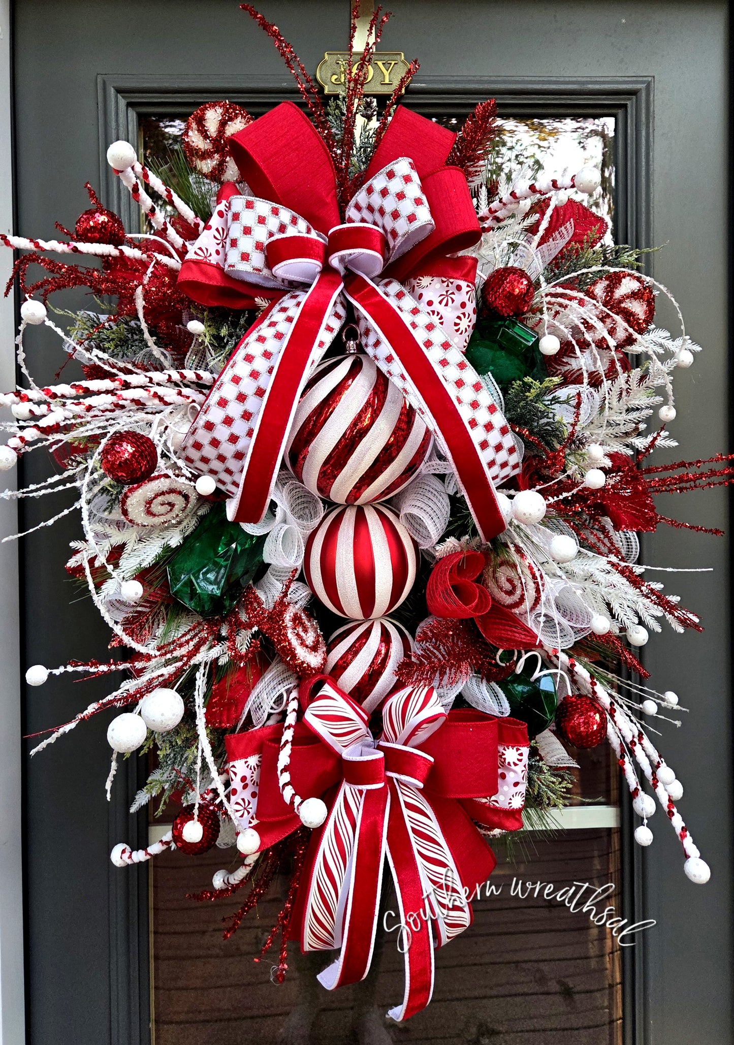 Red & White Peppermint Christmas Finial Front Door Wreath