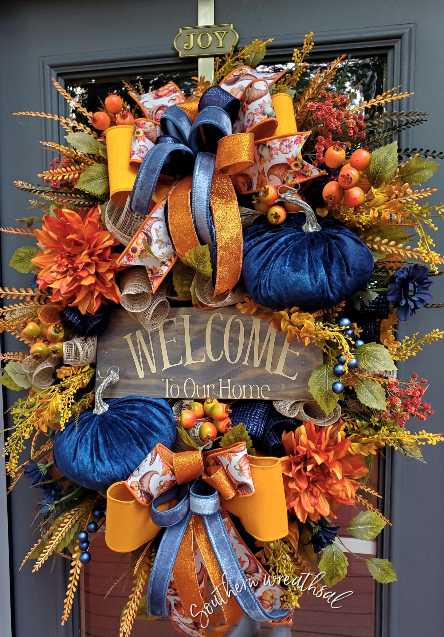 Deluxe Fall Front Door Wreath- Welcome To Our Home- Orange &Navy Blue | Thanksgiving Statement Wreath