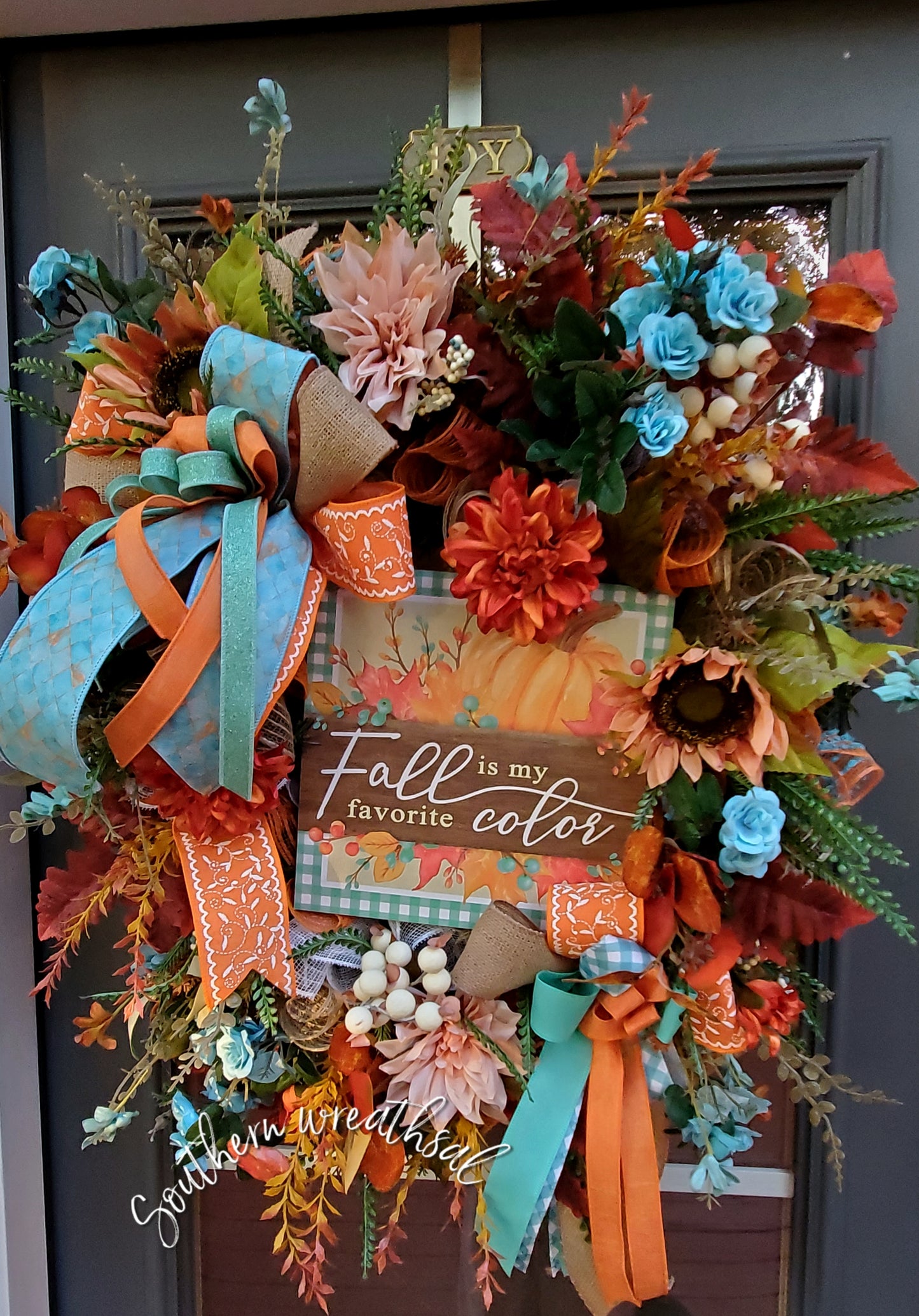 "Fall is my Favorite Color" Orange & Turquoise Front Door Wreath