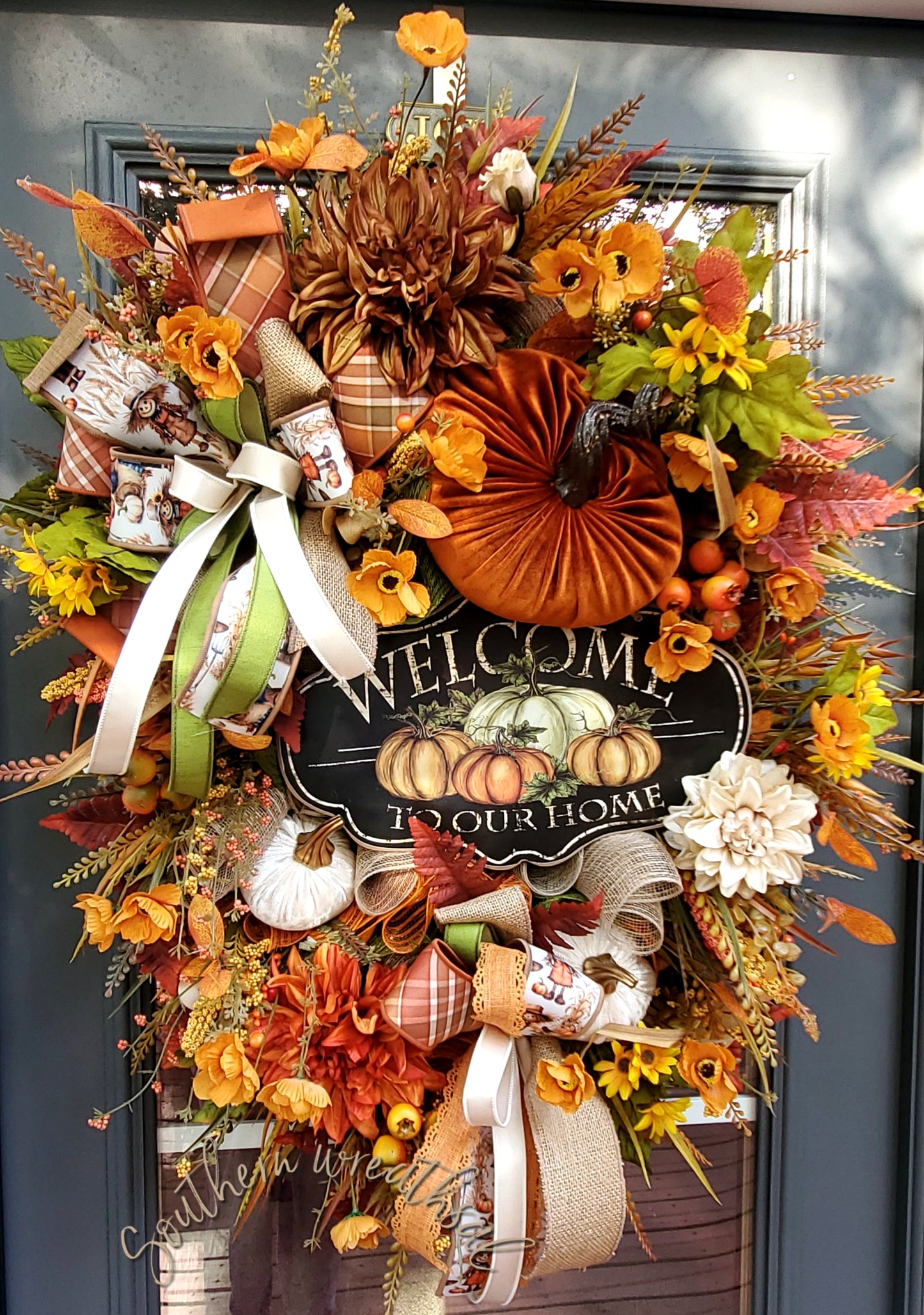 Welcome to Our Home Deluxe Fall Pumpkin Patch Wreath with Velvet Pumpkins, Dahlias, Gold Poppies