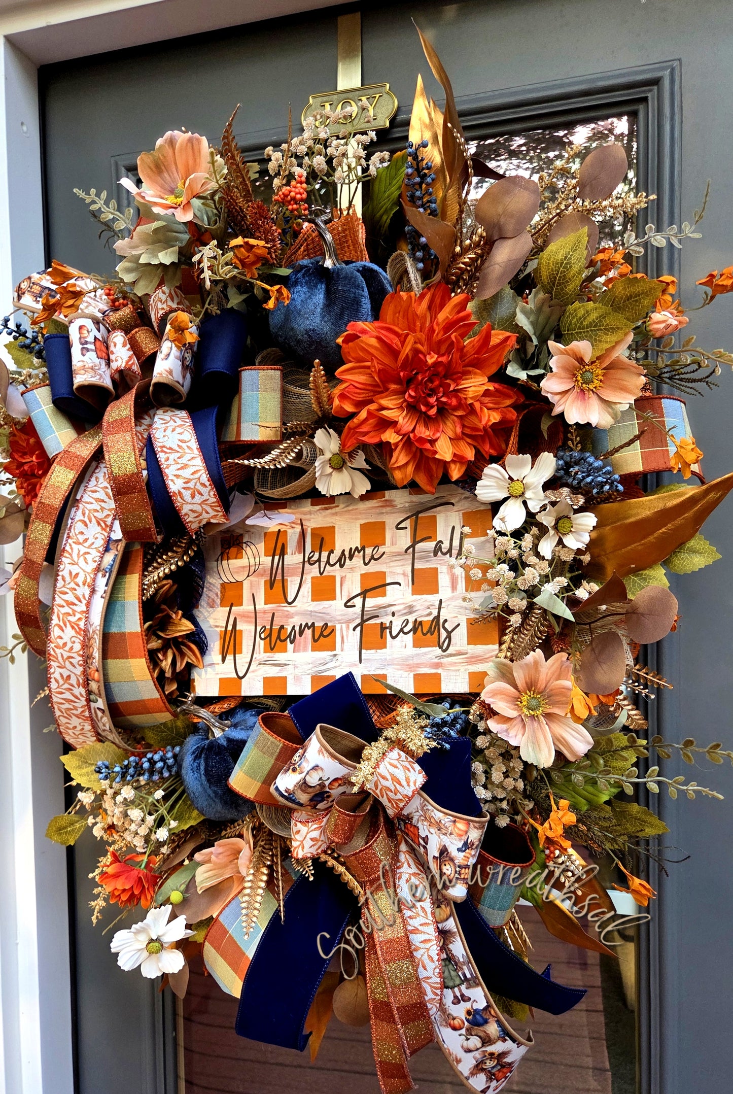 Orange & Navy Fall Friends Welcome Door Wreath