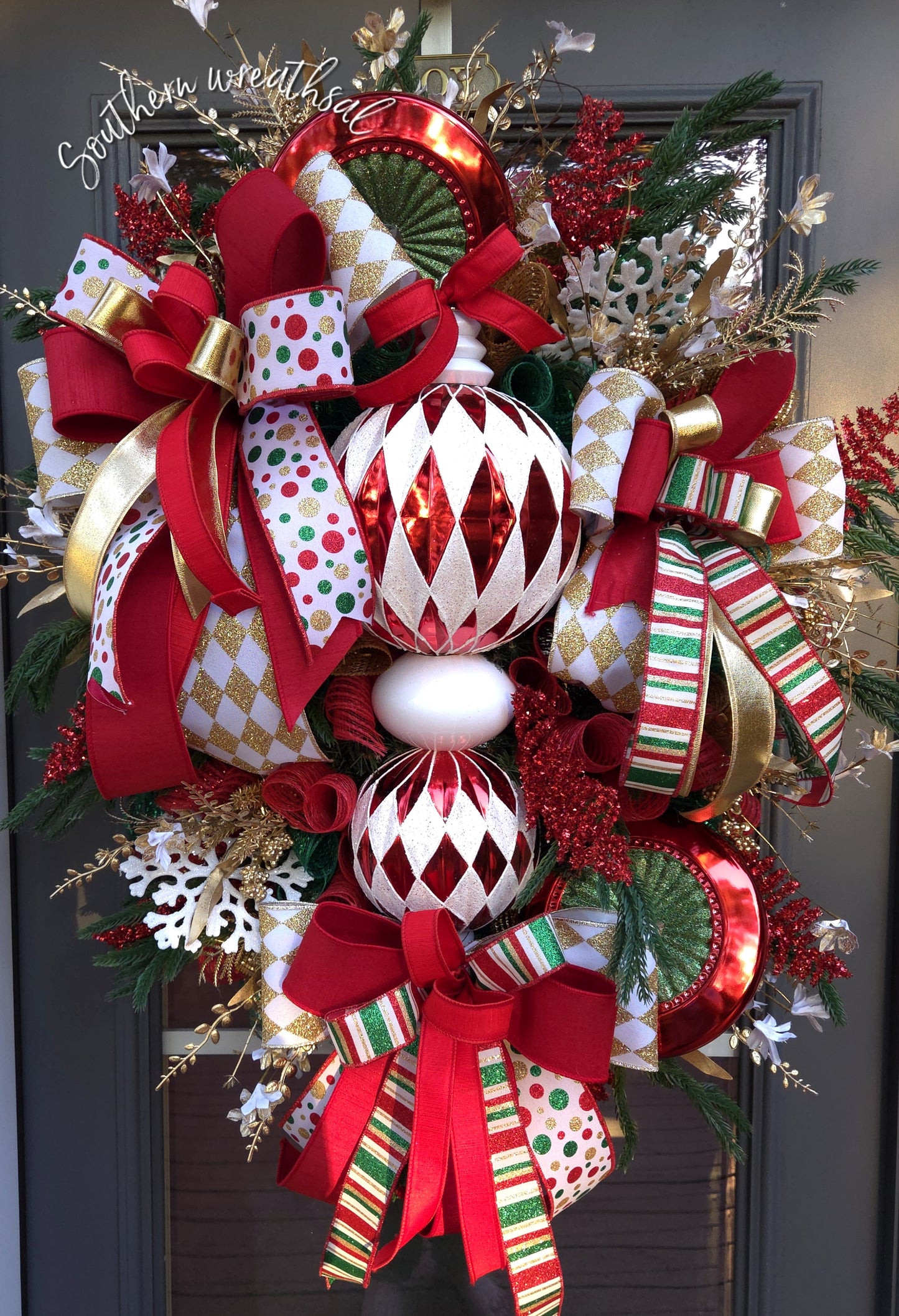 Red & White Harlequin Christmas Finial Front Door Wreath