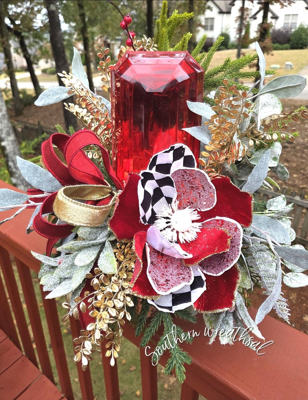 Elegant Red Christmas Jewel & Peony Holiday Table Arrangement