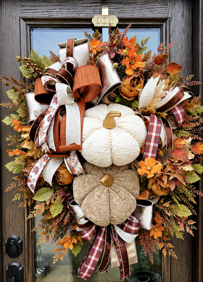 Neutral Fall Double Pumpkin Front Door Wreath