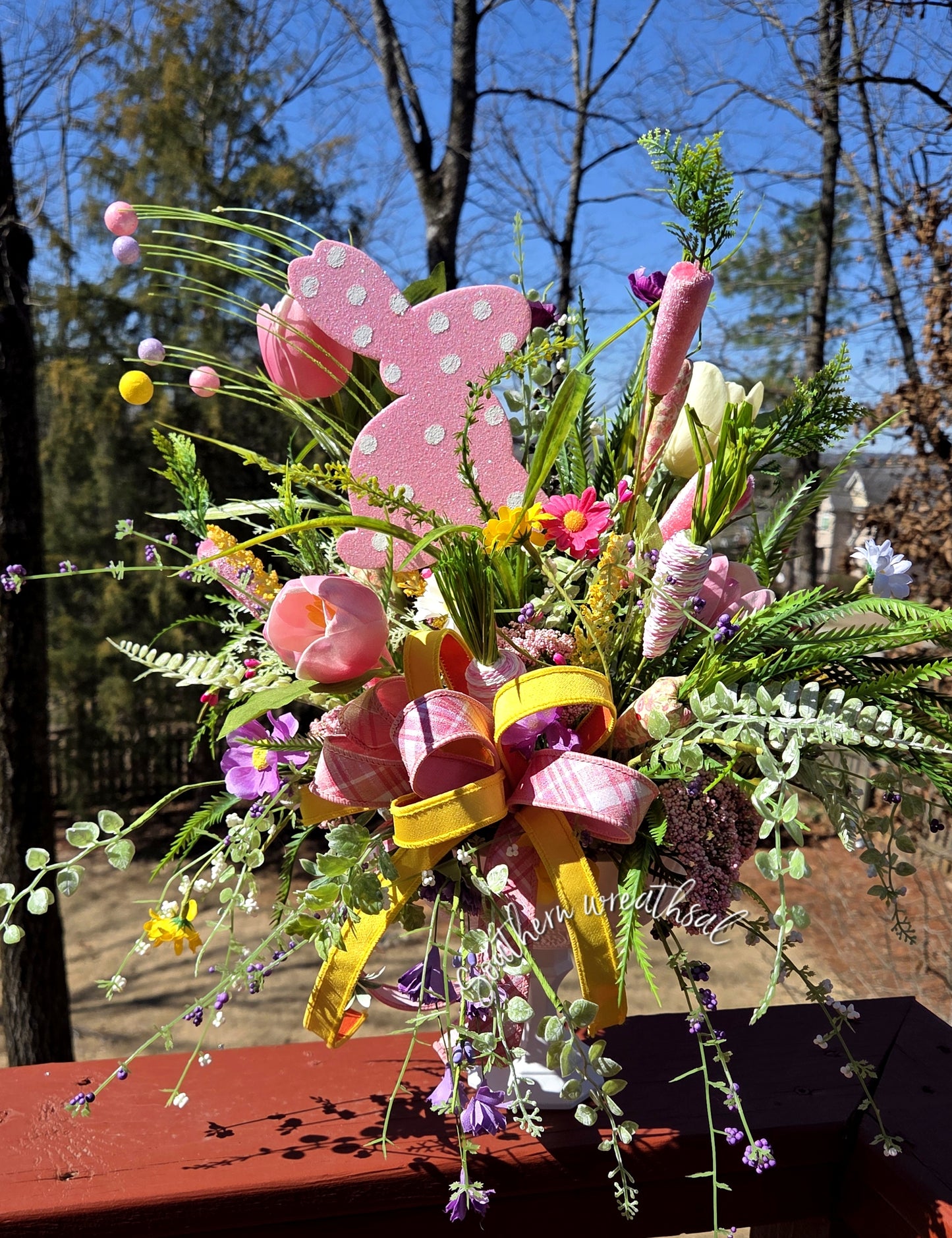Pink Polka Dot Easter Bunny Arrangement, Spring Tulip Floral Centerpiece