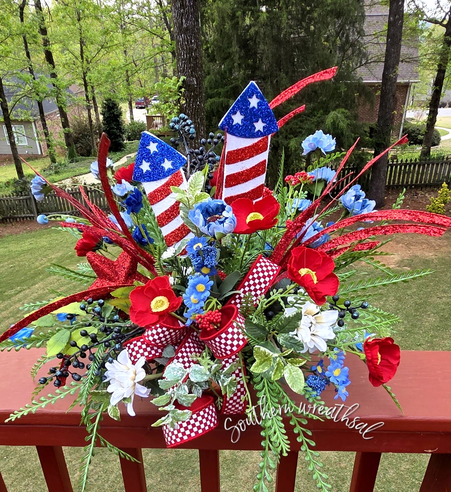 Patriotic Fireworks Floral Arrangement * Red White Blue Centerpiece