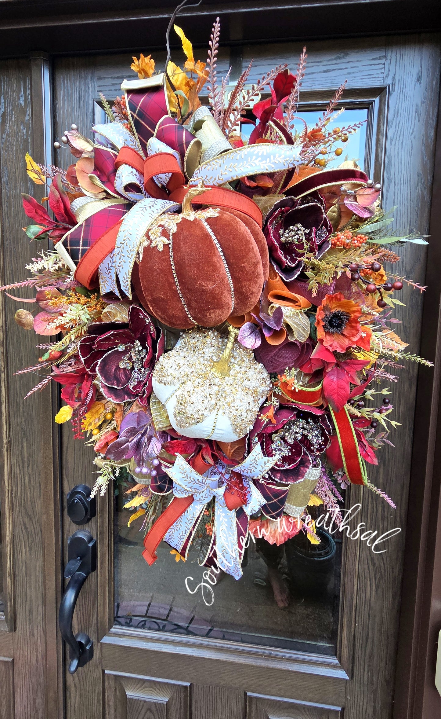 Luxury Fall Pumpkin Wreath, Burgundy Orange Gold Autumn Wreath, Velvet Pumpkin Front Door Decor, Elegant Thanksgiving Wreath