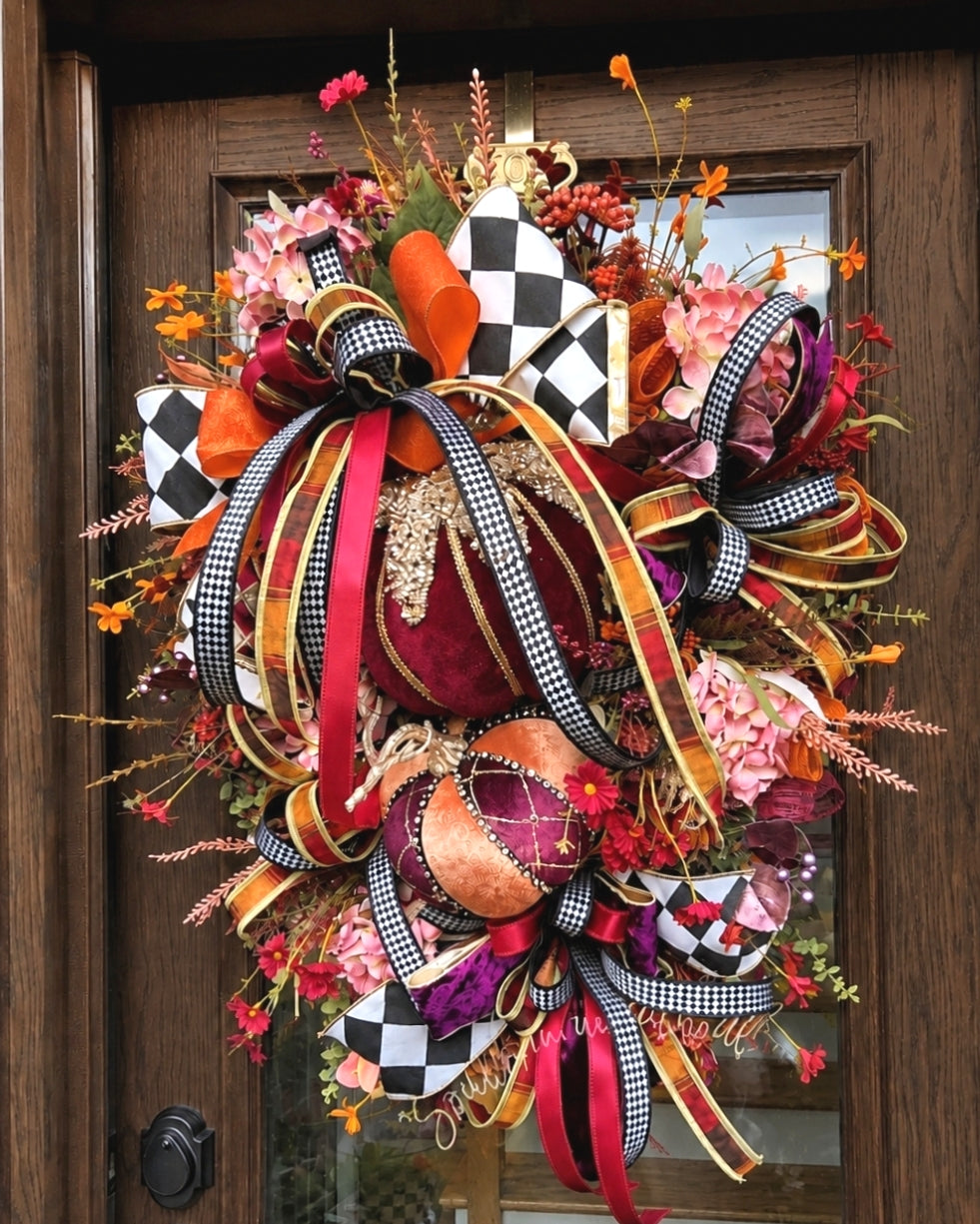 Luxury Burgundy Jeweled Fall Velvet Pumpkin Front Door Wreath