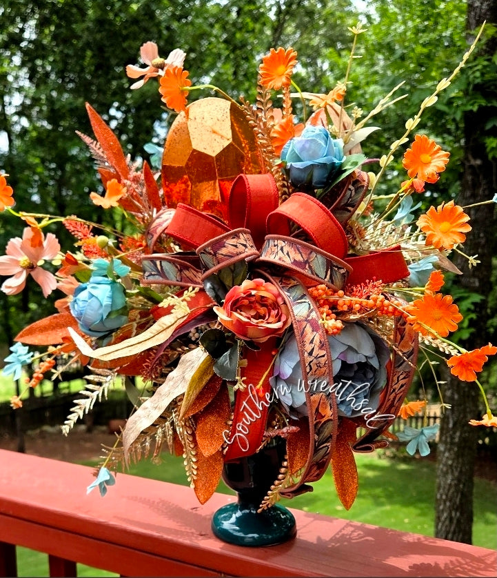 Luxury Fall Floral Arrangement Teal & Orange Jewel Decor