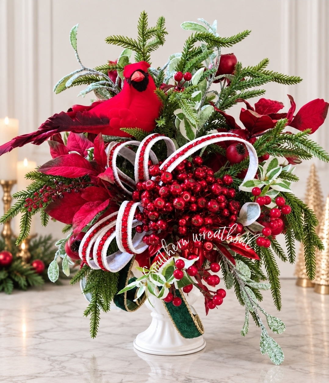 Winter Christmas Cardinal Arrangement, Red Cardinal Memorial Centerpiece
