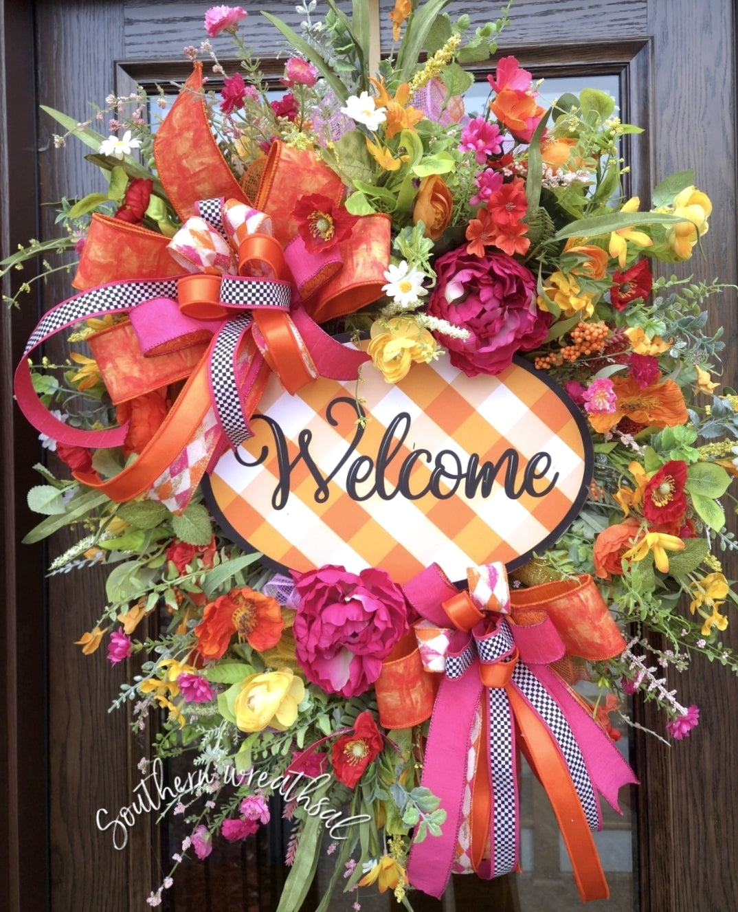 Deluxe Orange and Pink Spring Peony Welcome Door Wreath