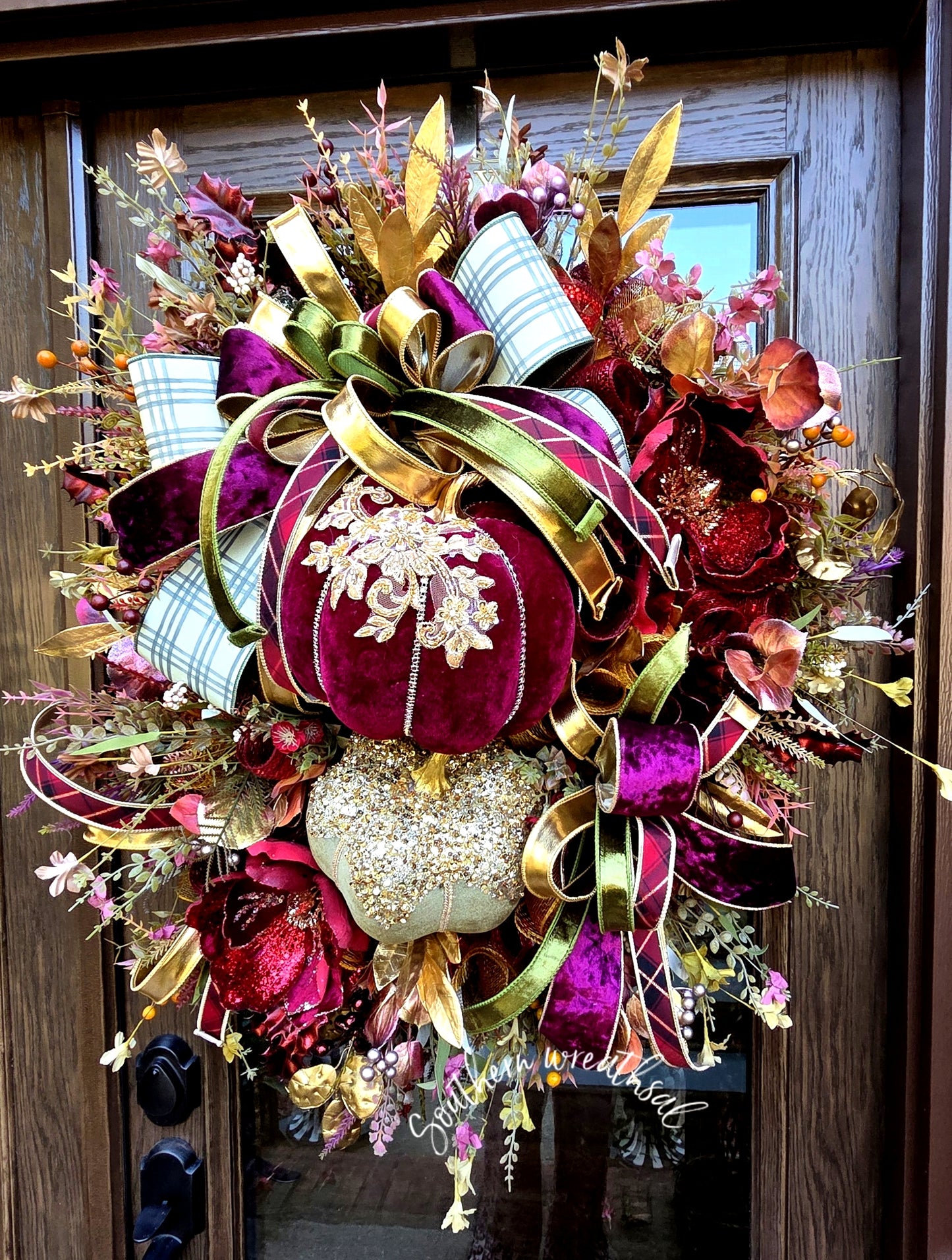 Glam Fall Pumpkin Wreath, Burgundy Velvet Pumpkin & Large Poinsettia Wreath