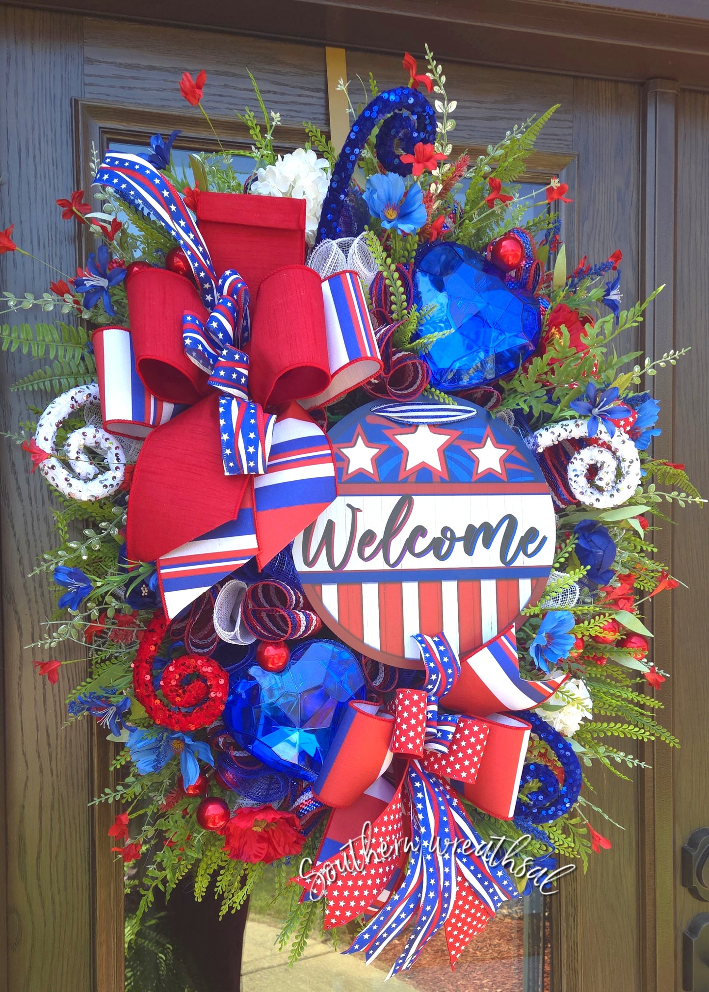 Patriotic Blue Heart Wreath, Americana Welcome Door Decor, July 4th Summer Wreath