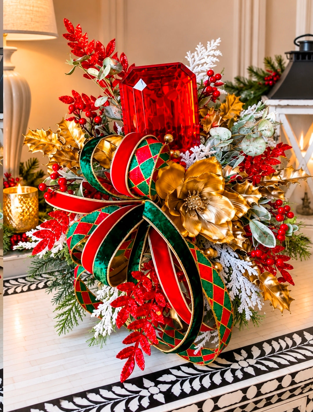 Luxury Red Jewel & Gold Magnolia Christmas Arrangement