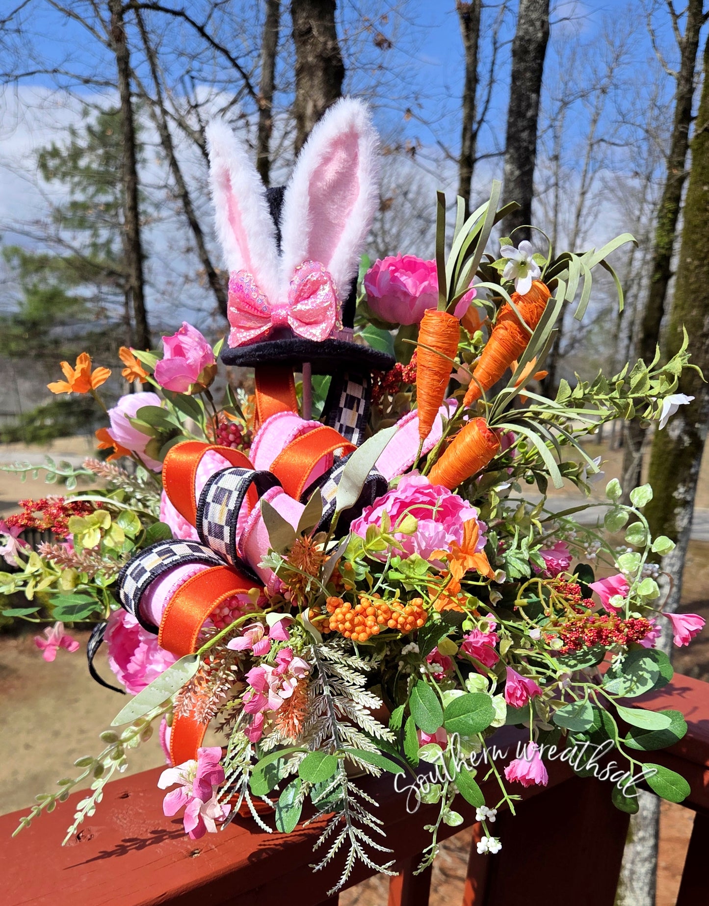 Pink Easter Bunny Floral Arrangement - Spring Bunny Centerpiece with Carrots