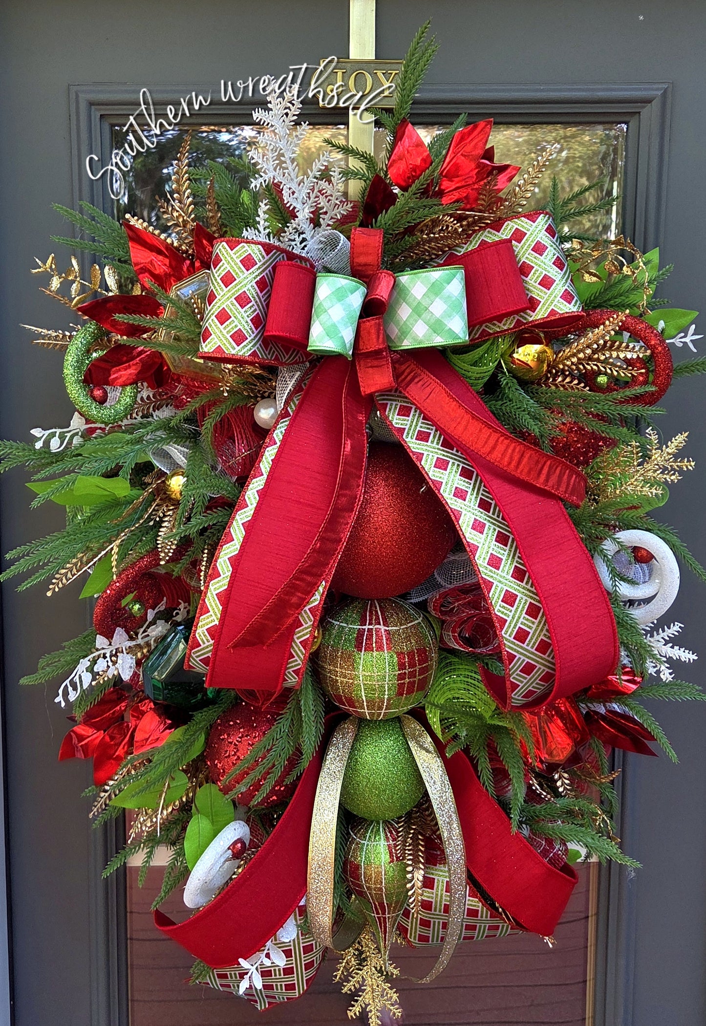 Deluxe Christmas Finial Door Wreath - Red Green Plaid Holiday Decor