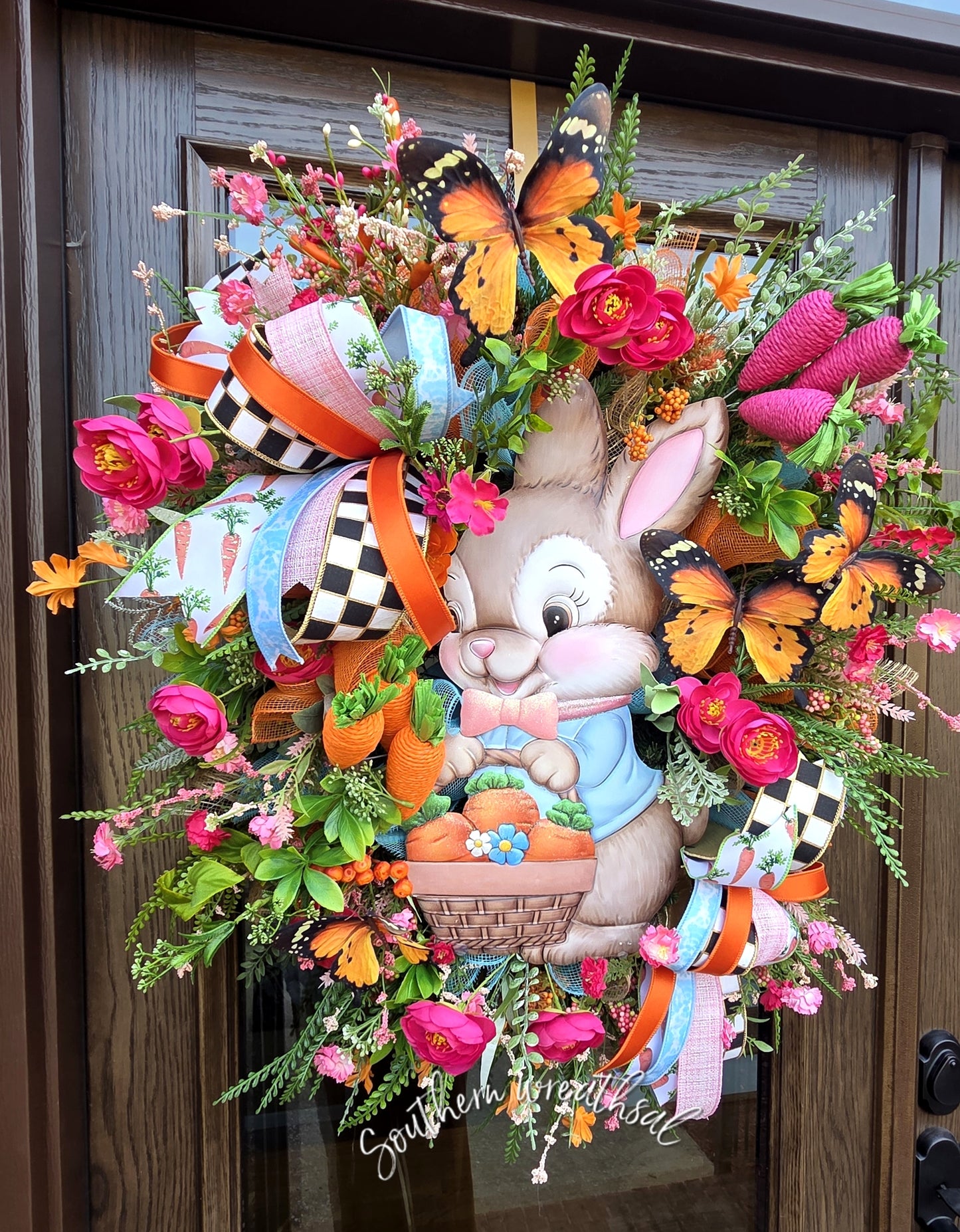Whimsical Easter Bunny Wreath with Carrot Basket & Butterflies