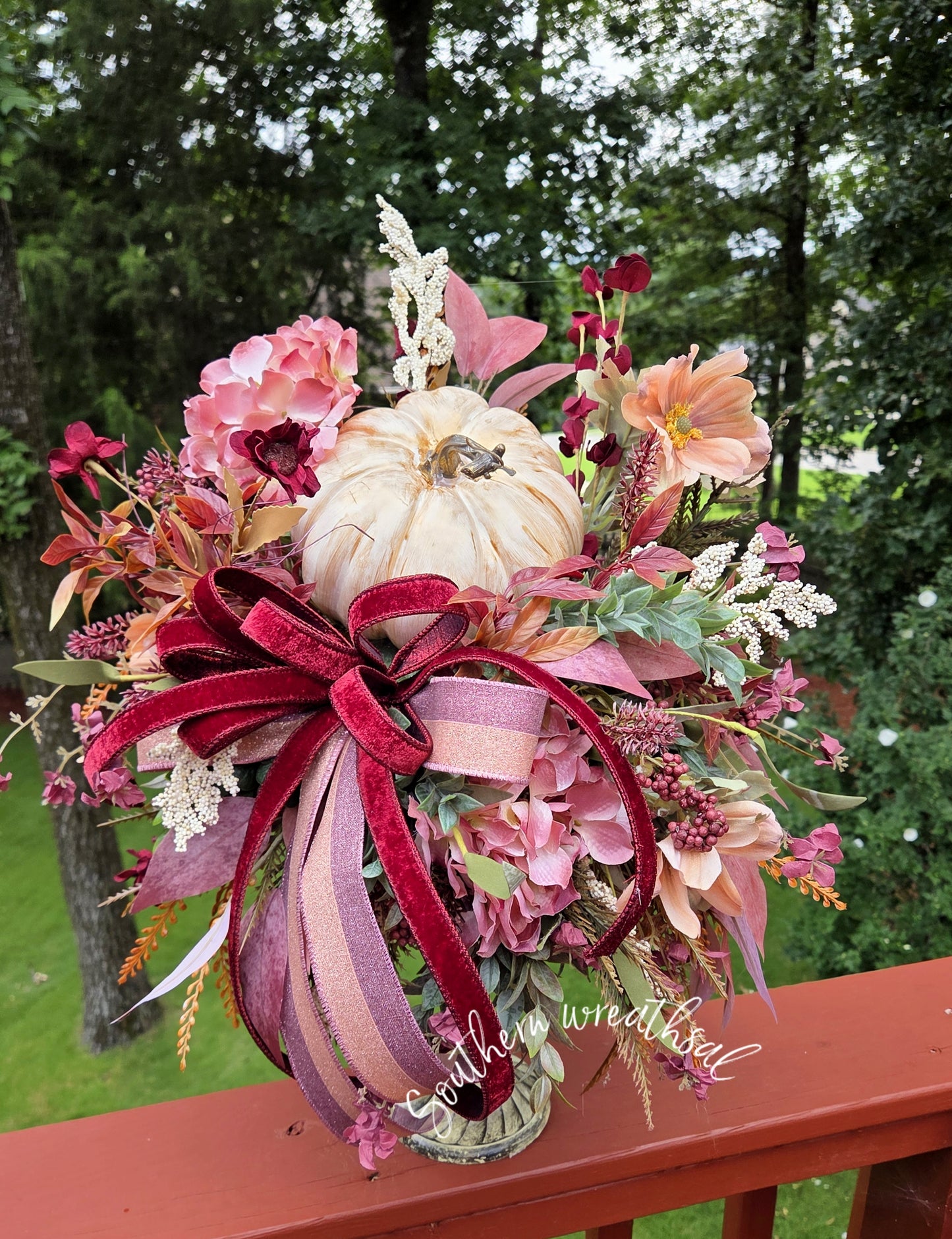 Deluxe Mauve Burgundy Pumpkin Floral Arrangement