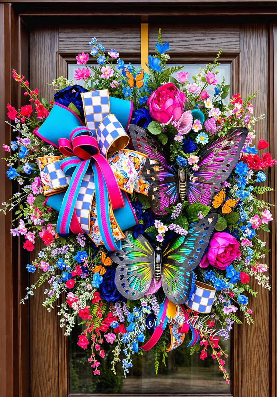 Double Butterfly Pink Spring Door Wreath