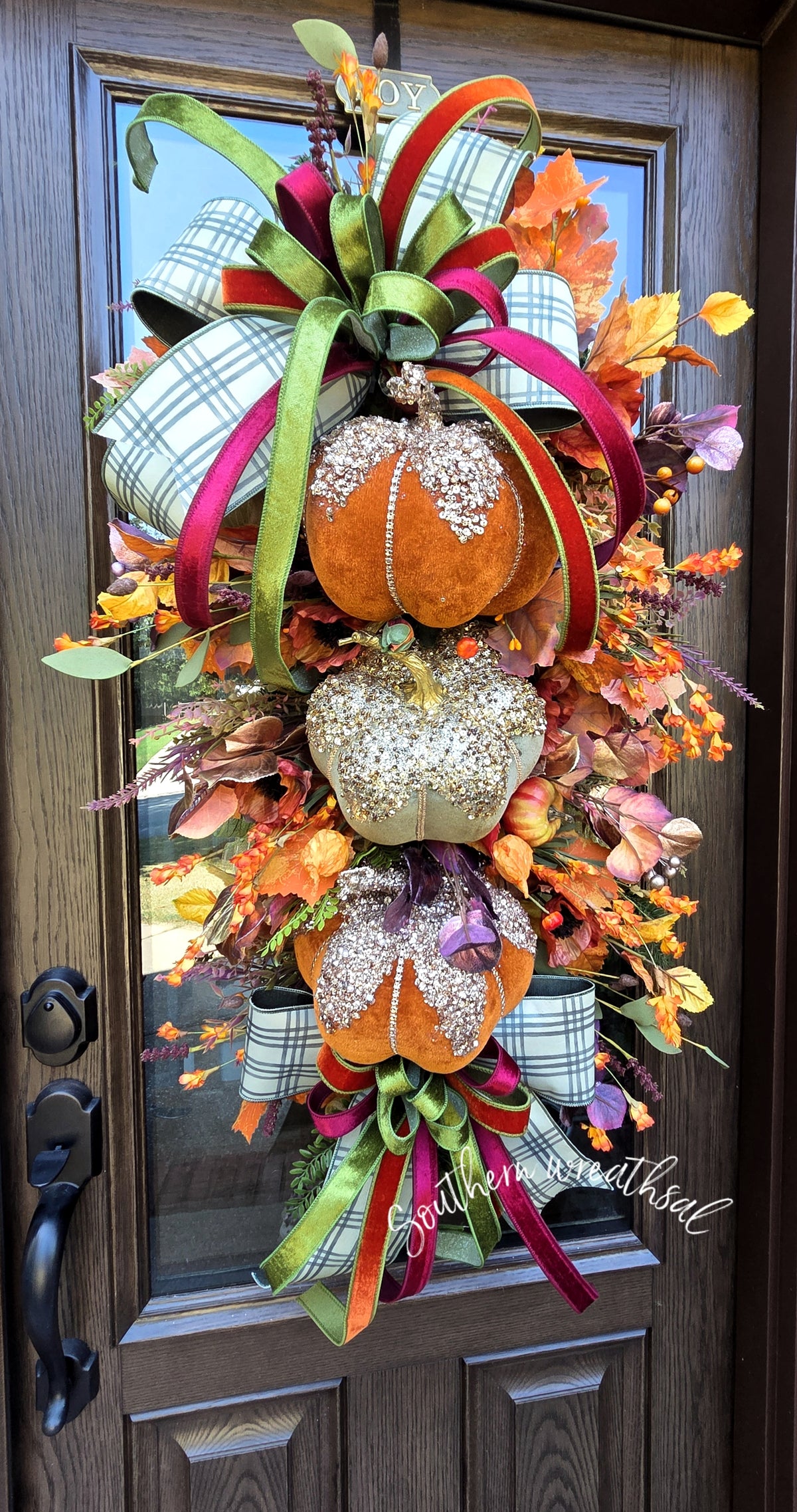 Triple Glam Pumpkin Fall Door Wreath / Swag * Thanksgiving Autumn Door Wreath