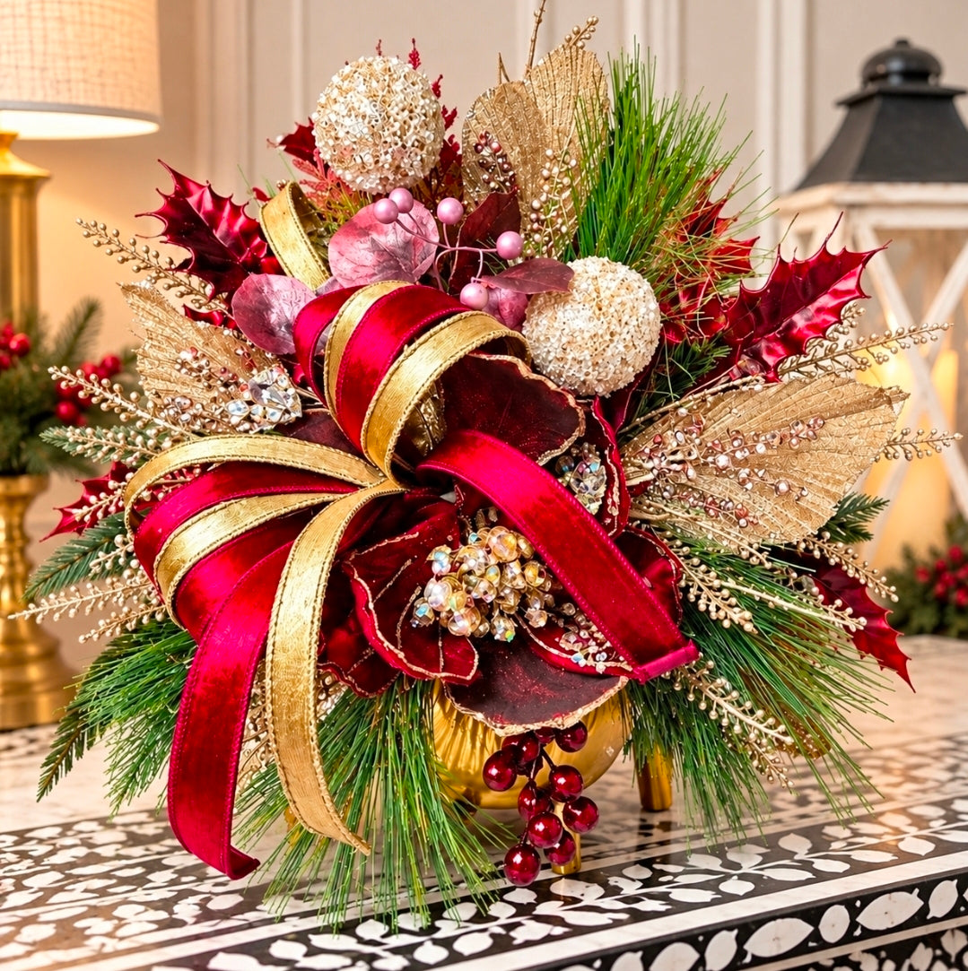 Elegant Burgundy Velvet Magnolia Christmas Centerpiece
