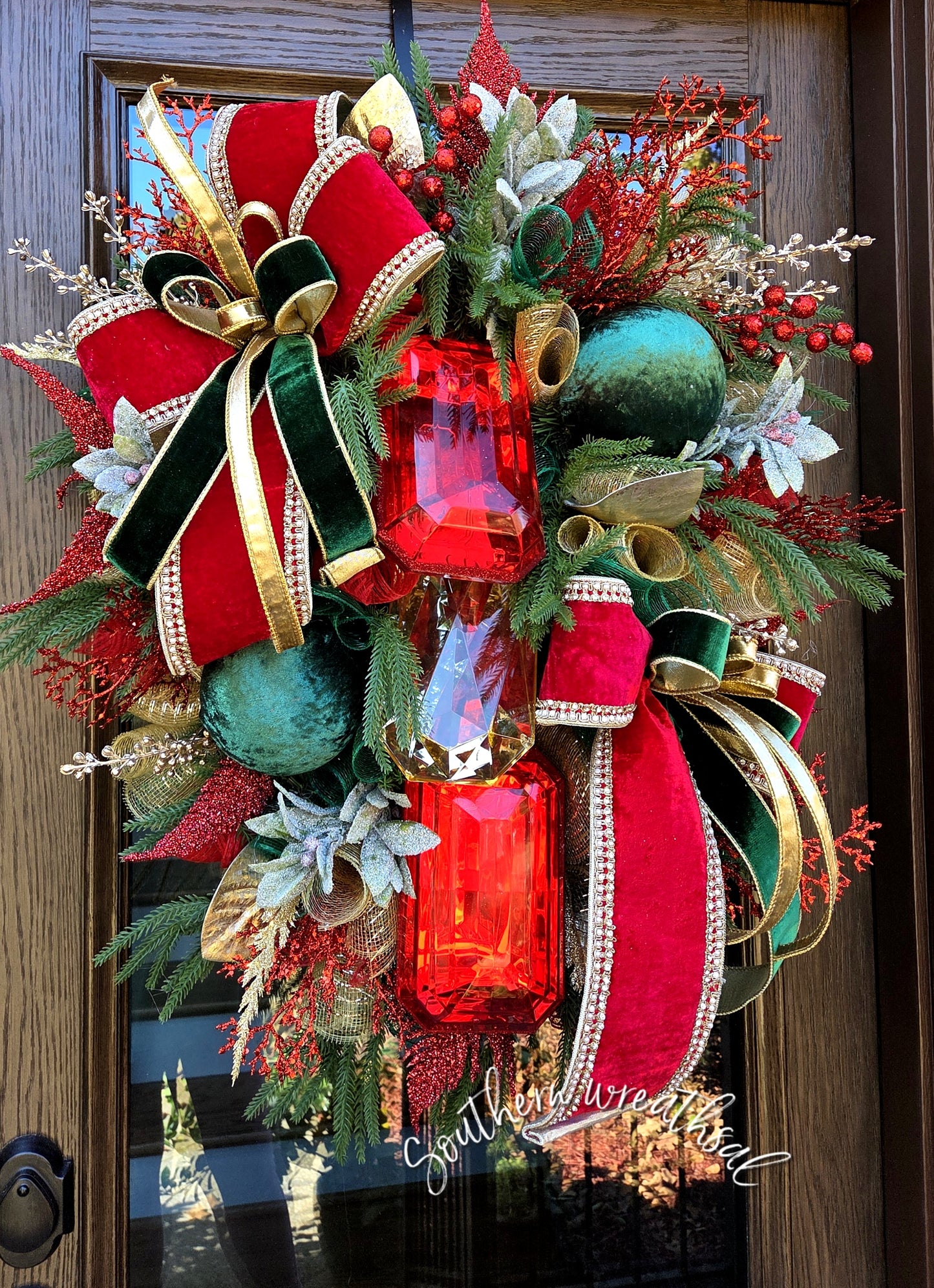 Traditional Red and Gold designer Jewel Christmas Front Door Wreath