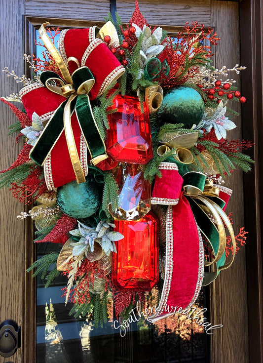 Traditional Red and Gold designer Jewel Christmas Front Door Wreath