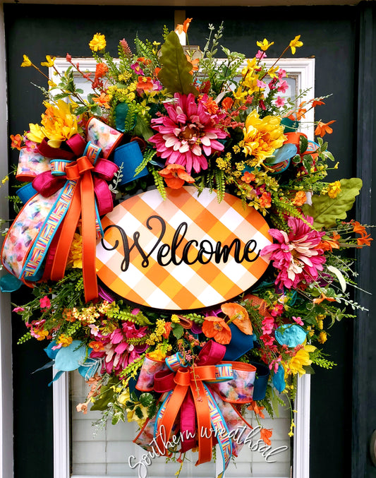 Spring Pink and Orange Welcome Door Wreath / Mother's Day Gift