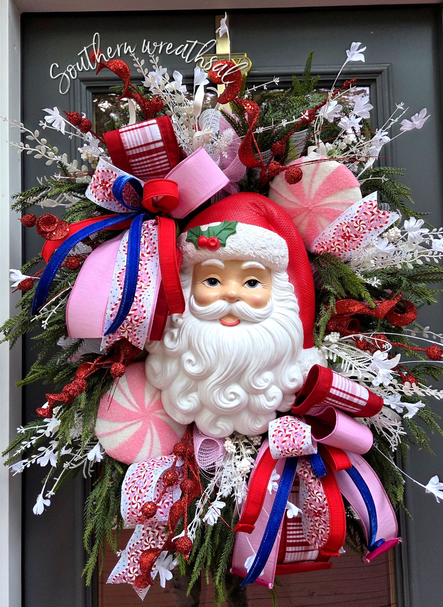 Whimsical Red & Pink Vintage Light-Up Santa Door Wreath