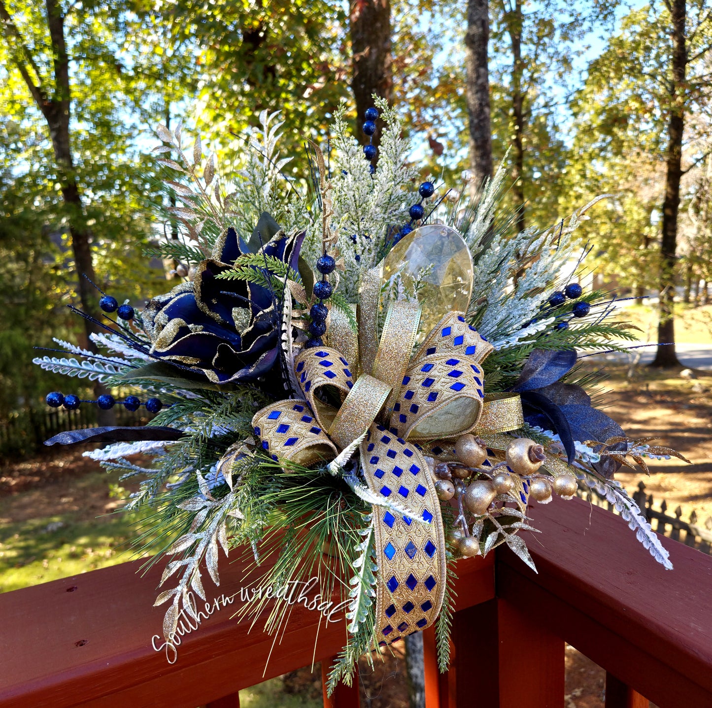 Elegant Blue Magnolia & Gold Jewel Christmas Centerpiece