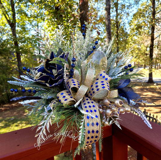 Elegant Blue Magnolia & Gold Jewel Christmas Centerpiece