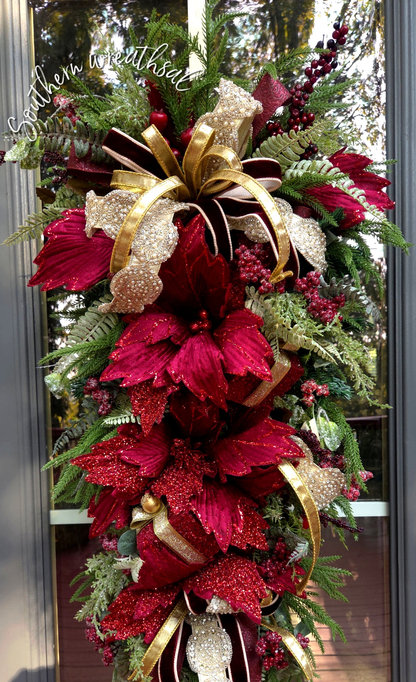 Elegant Burgundy & Gold Christmas Poinsettia Front Door Swag