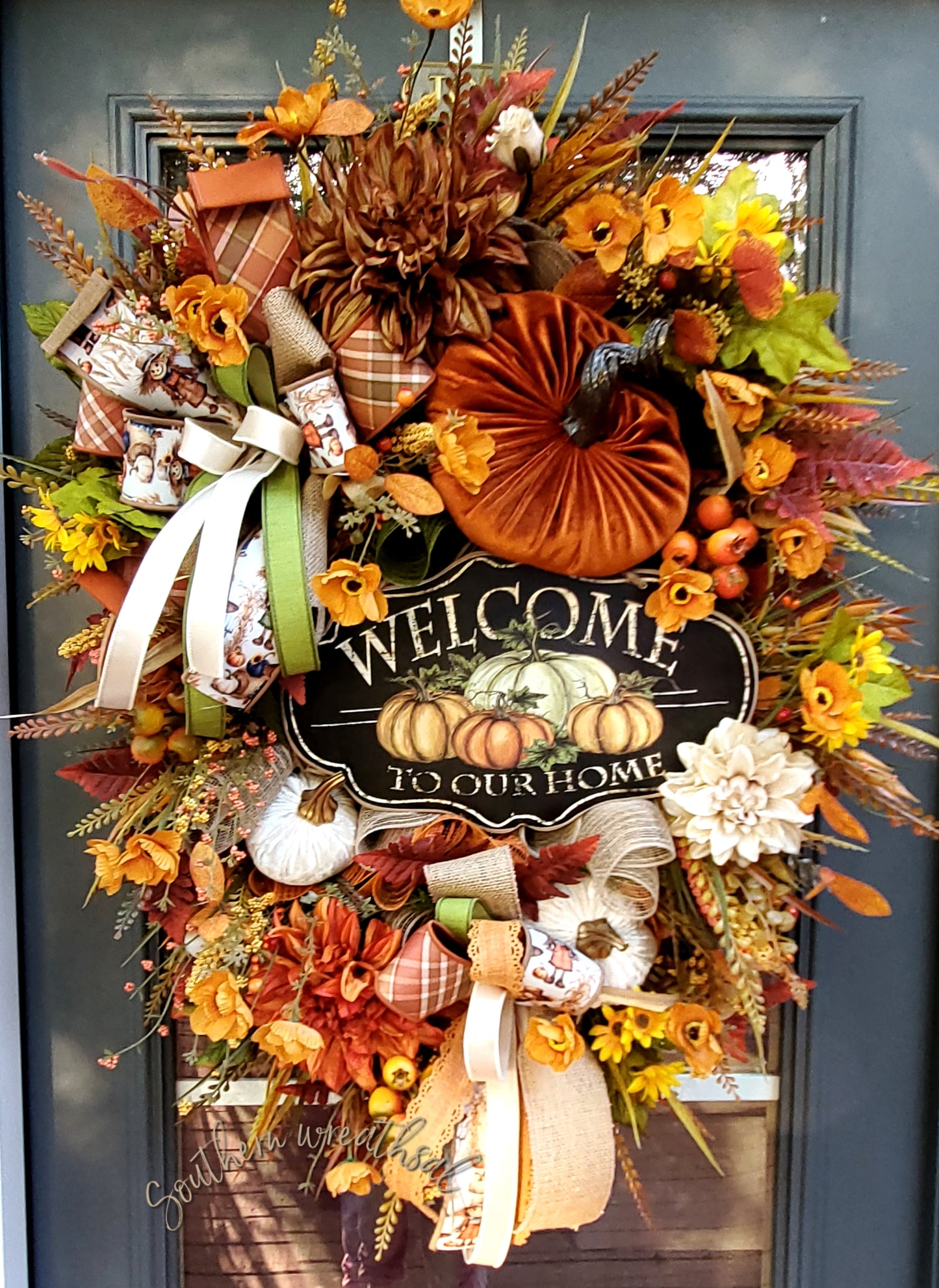 Welcome to Our Home Deluxe Fall Pumpkin Patch Wreath with Velvet Pumpkins, Dahlias, Gold Poppies