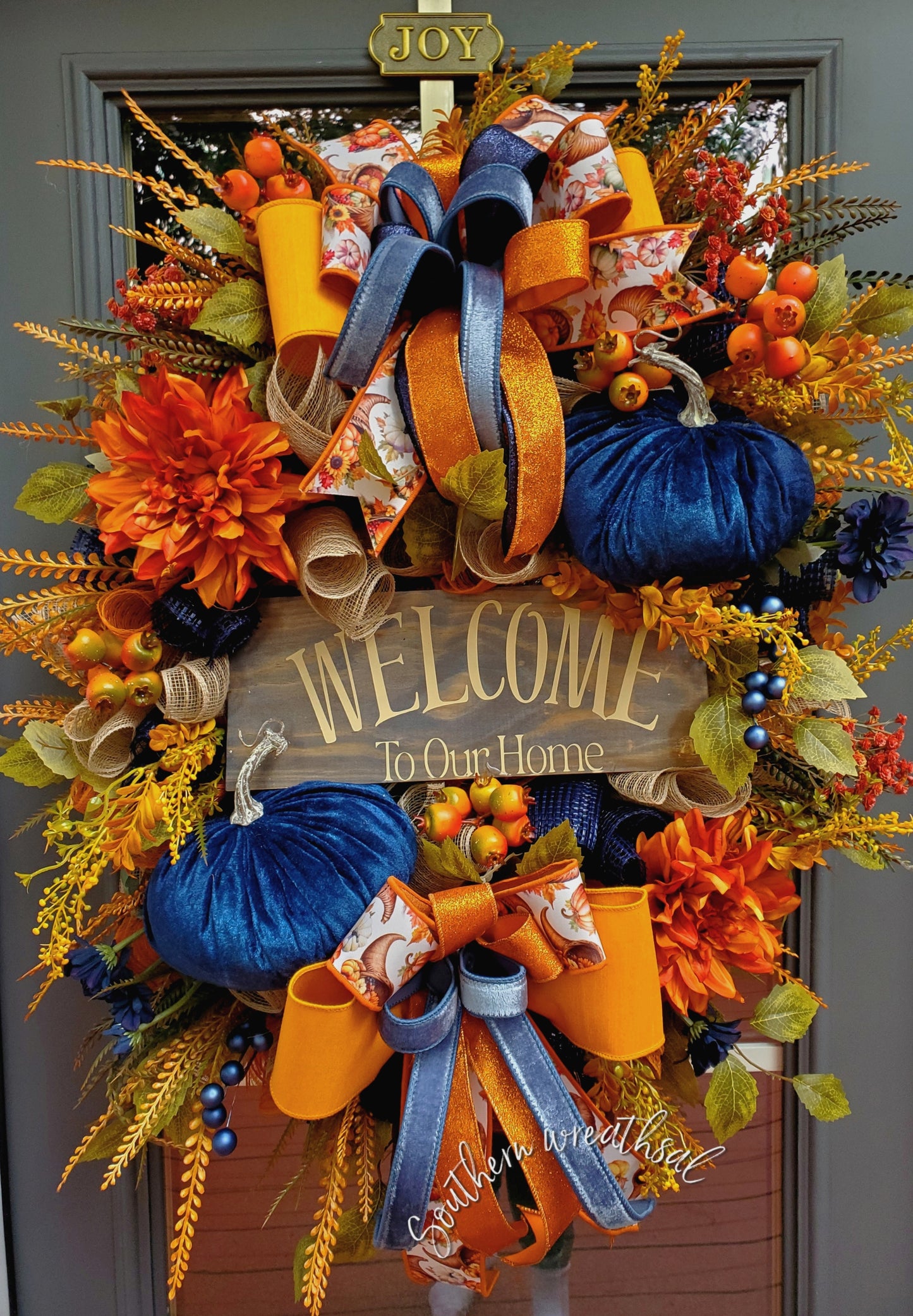 Deluxe Fall Front Door Wreath- Welcome To Our Home- Orange &Navy Blue | Thanksgiving Statement Wreath