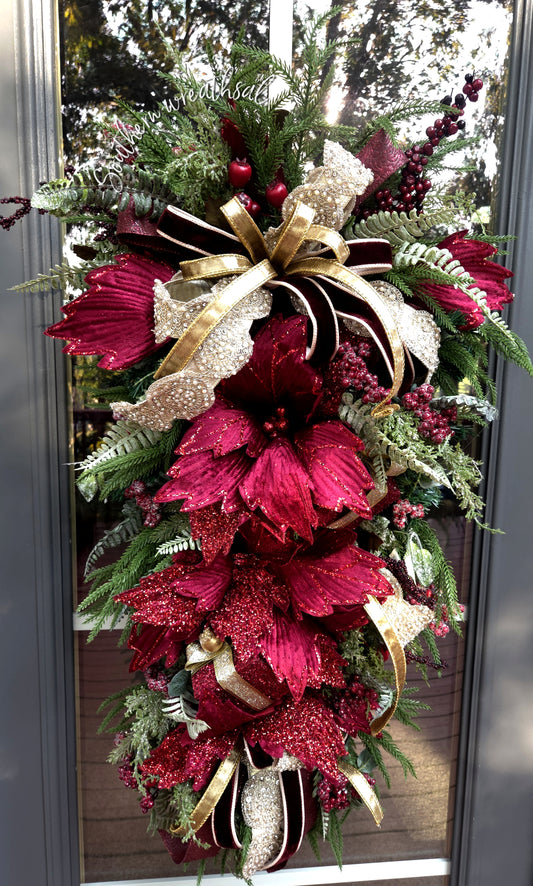 Elegant Burgundy & Gold Christmas Poinsettia Front Door Swag
